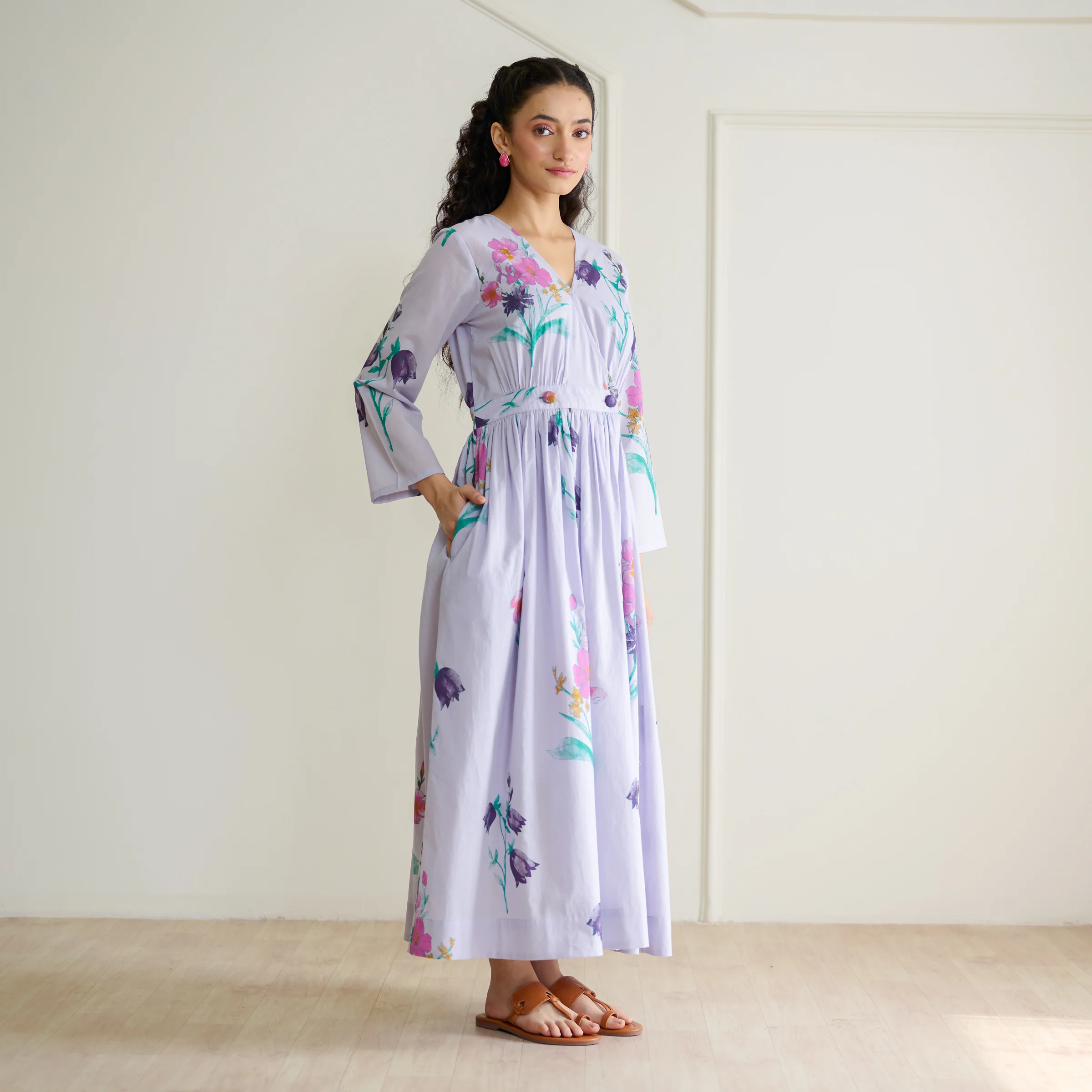 Tulip Cotton Overlap Dress with Mulmul Slip - Lavender - Image 6