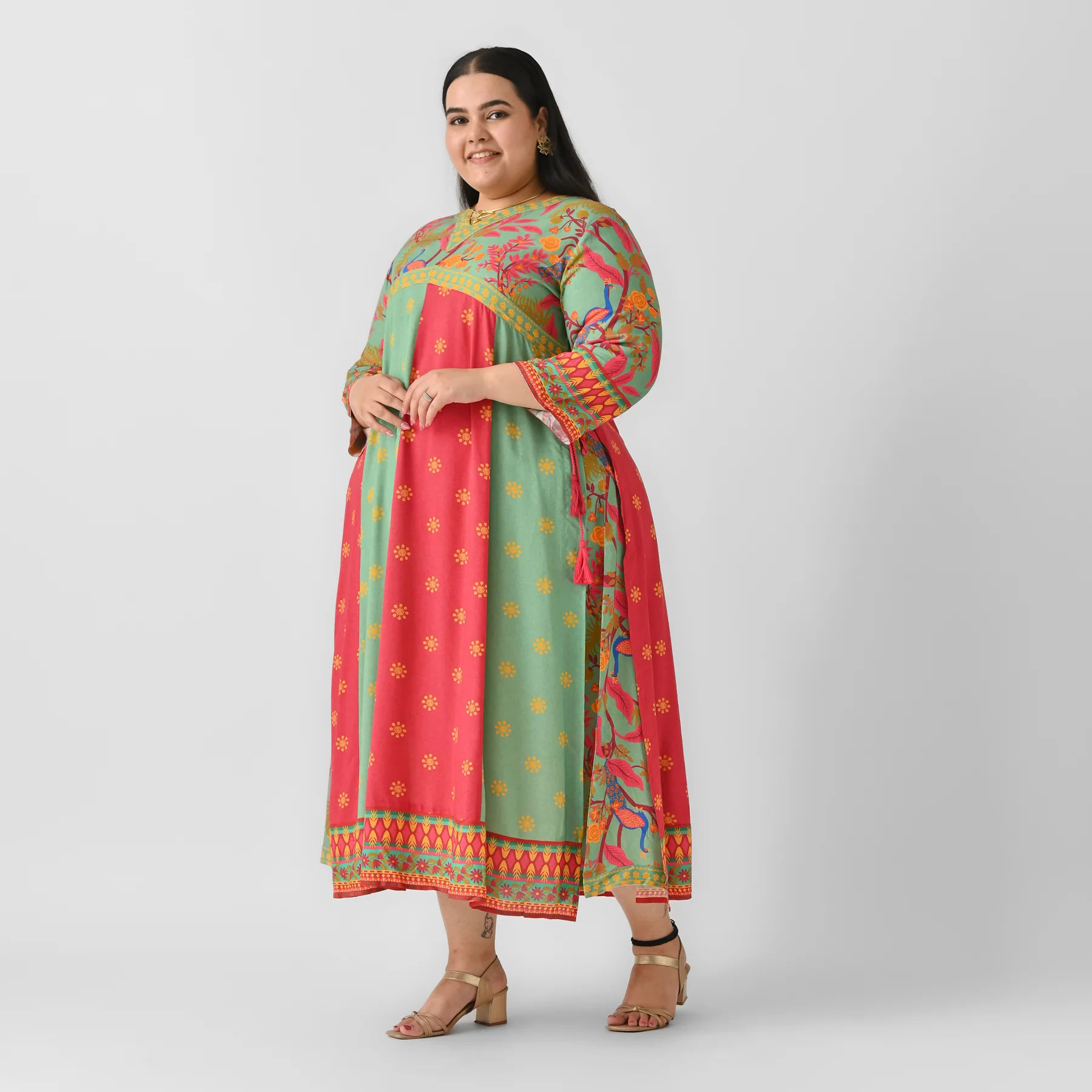 Turquoise & Maroon V Neck Flared Dress - SOM - Image 3