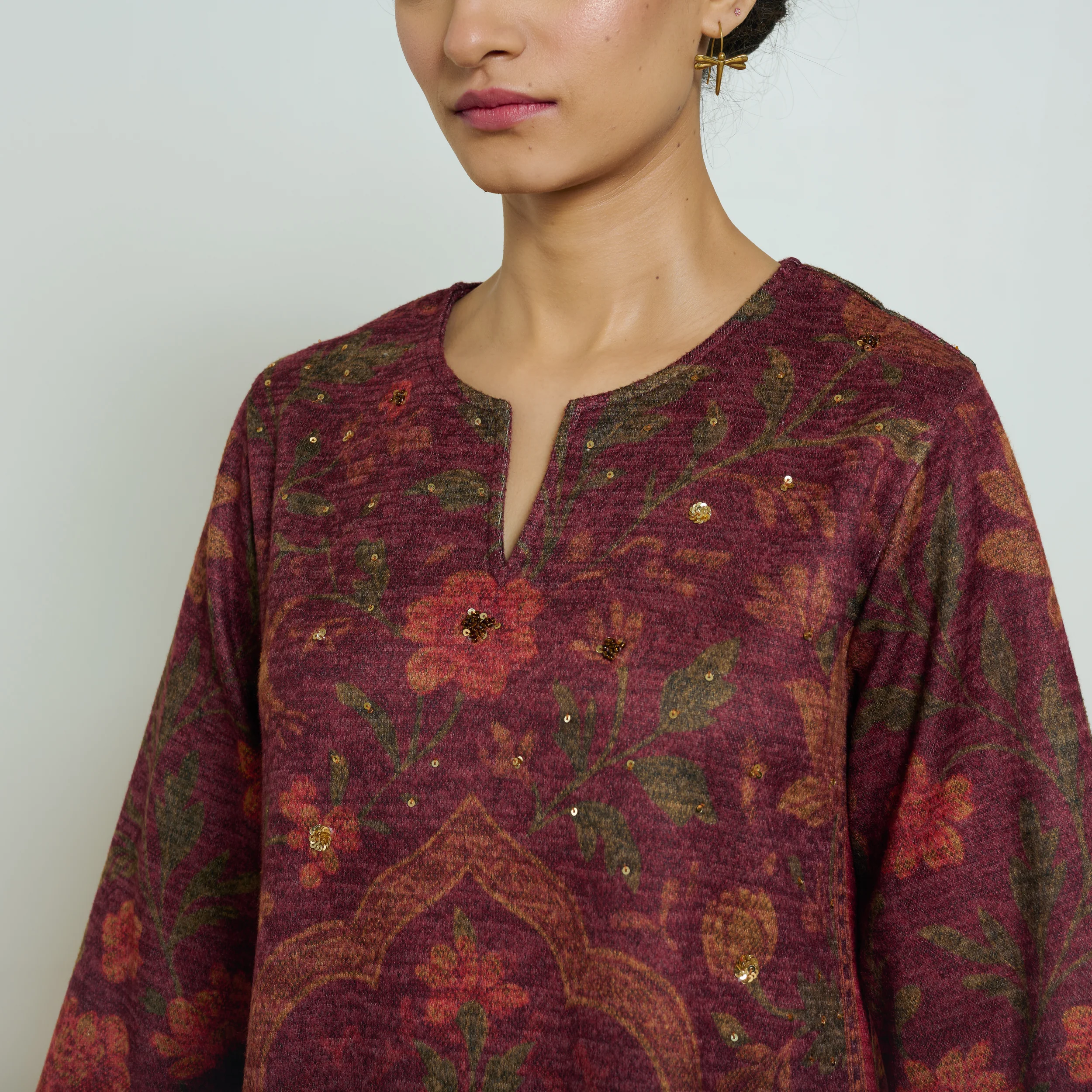 Valley of Flowers Hand Embroidered Woollen Kurta - Brick Red - Image 2