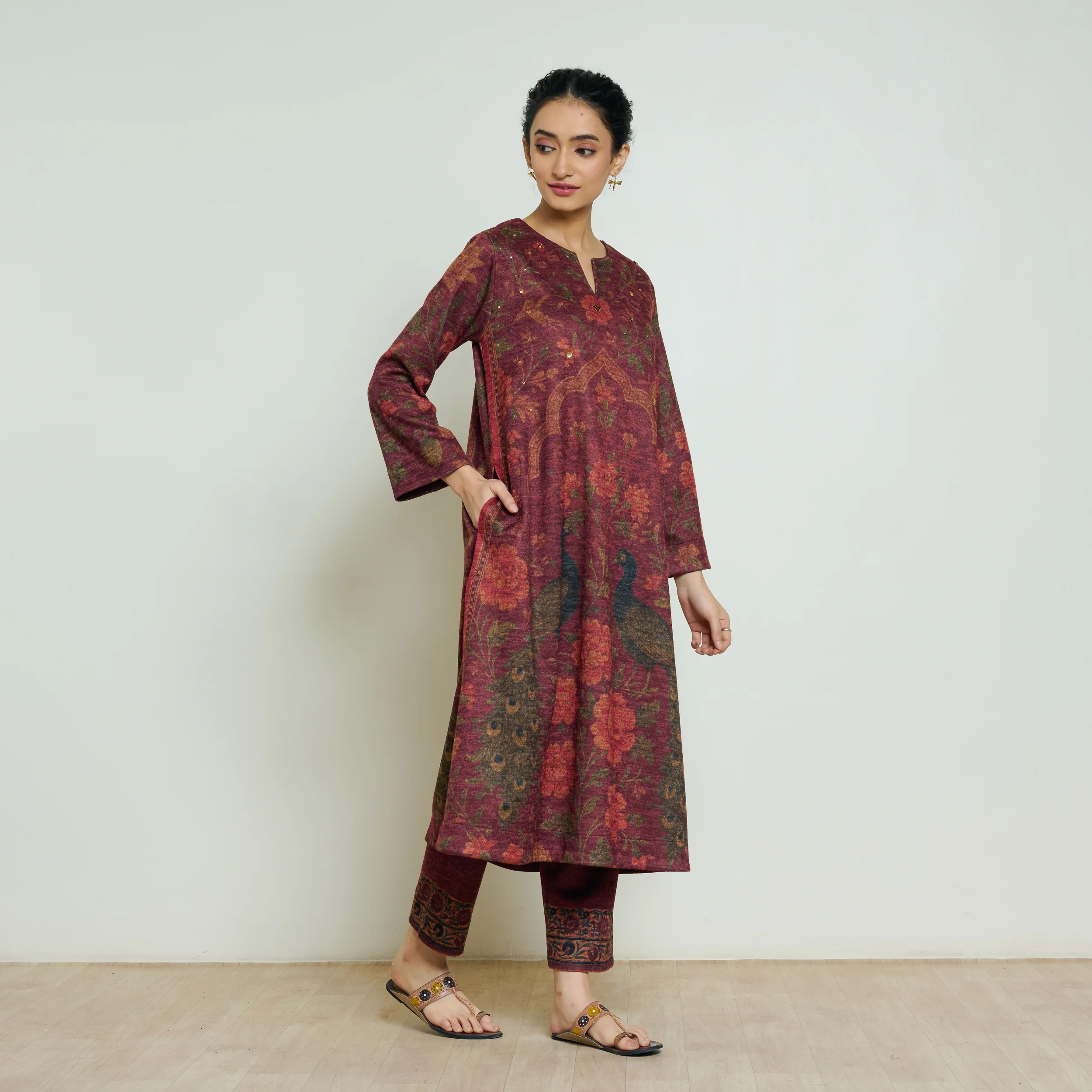 Valley of Flowers Hand Embroidered Woollen Kurta - Brick Red - Image 4