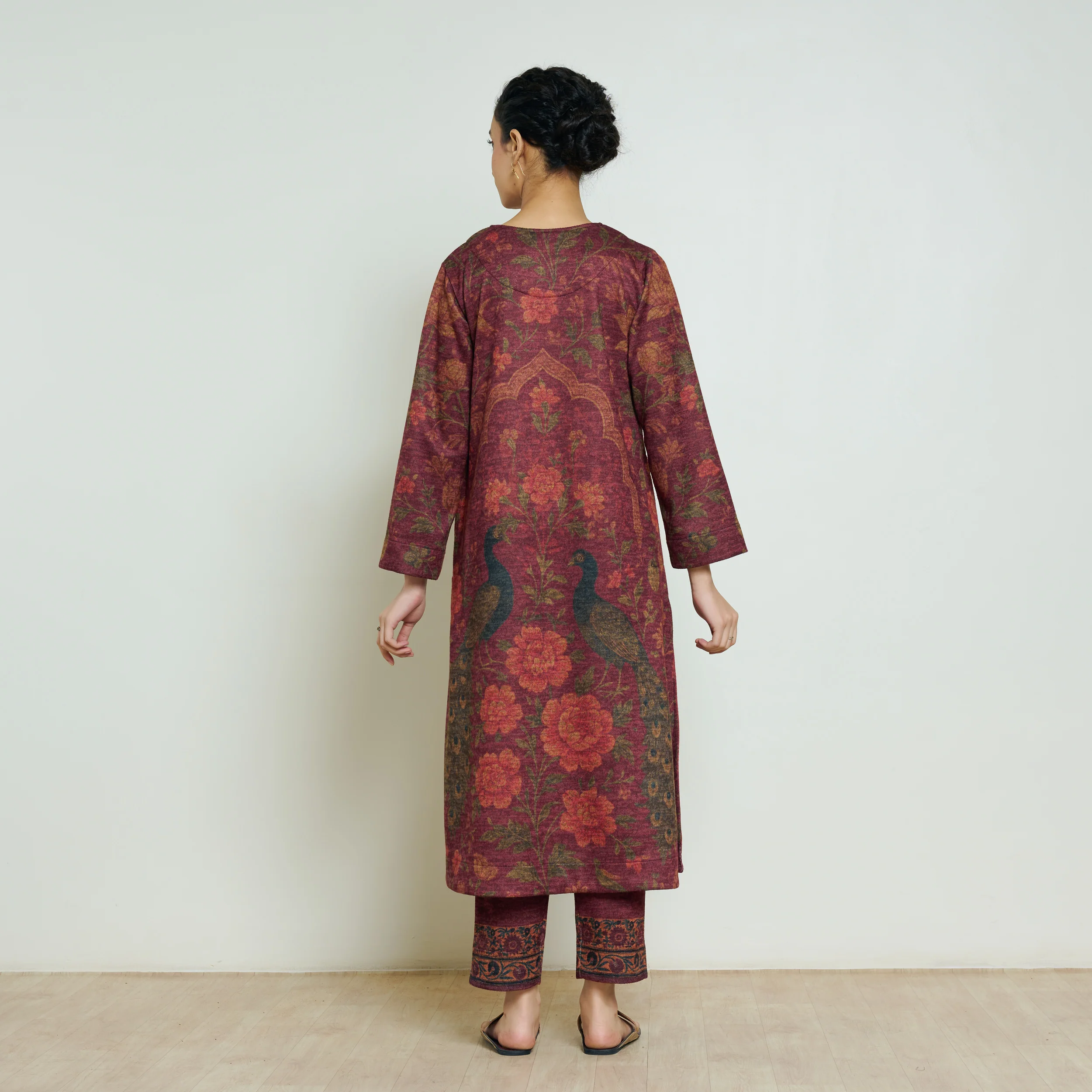 Valley of Flowers Hand Embroidered Woollen Kurta - Brick Red - Image 5