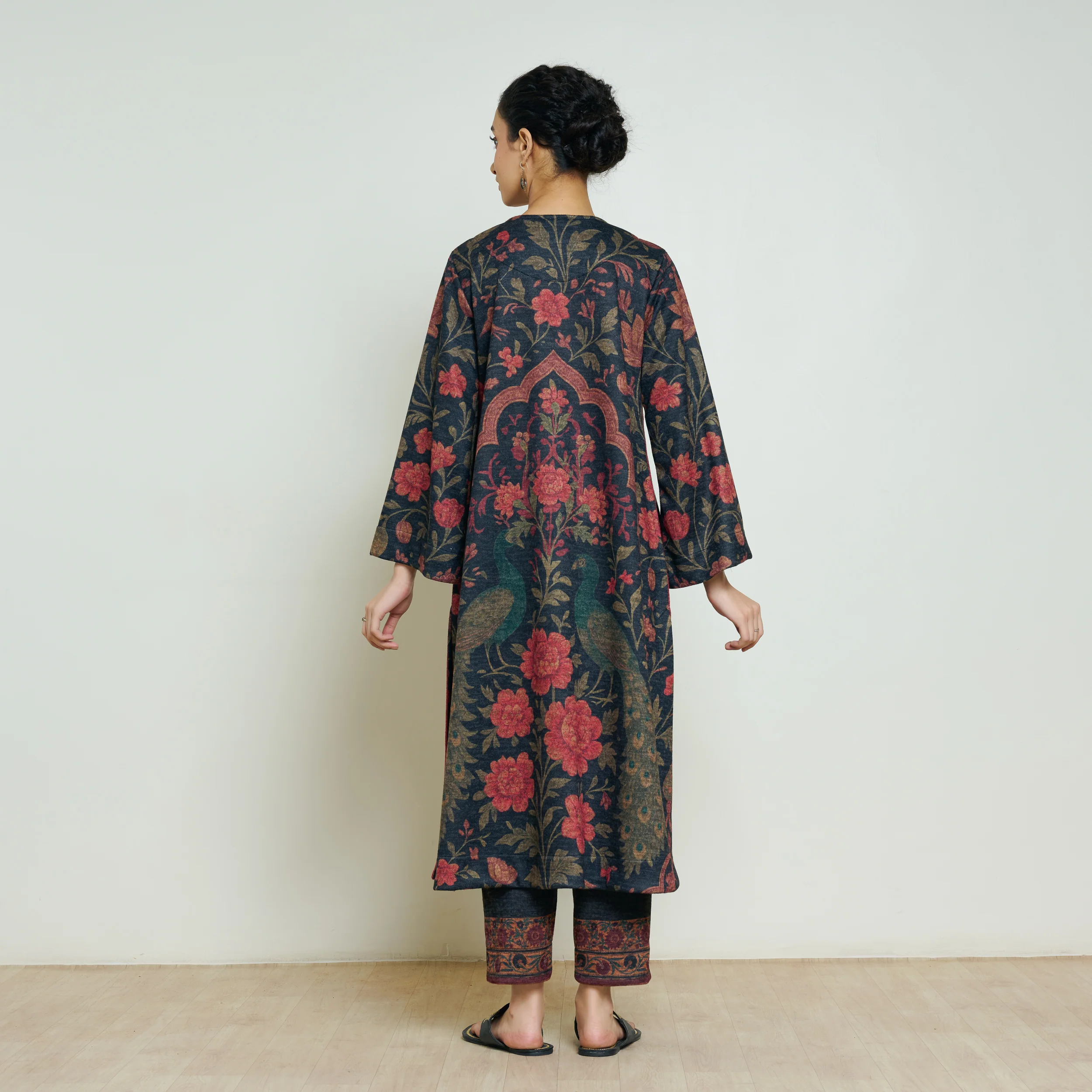 Valley of Flowers Hand Embroidered Woollen Kurta - Charcoal - Image 6