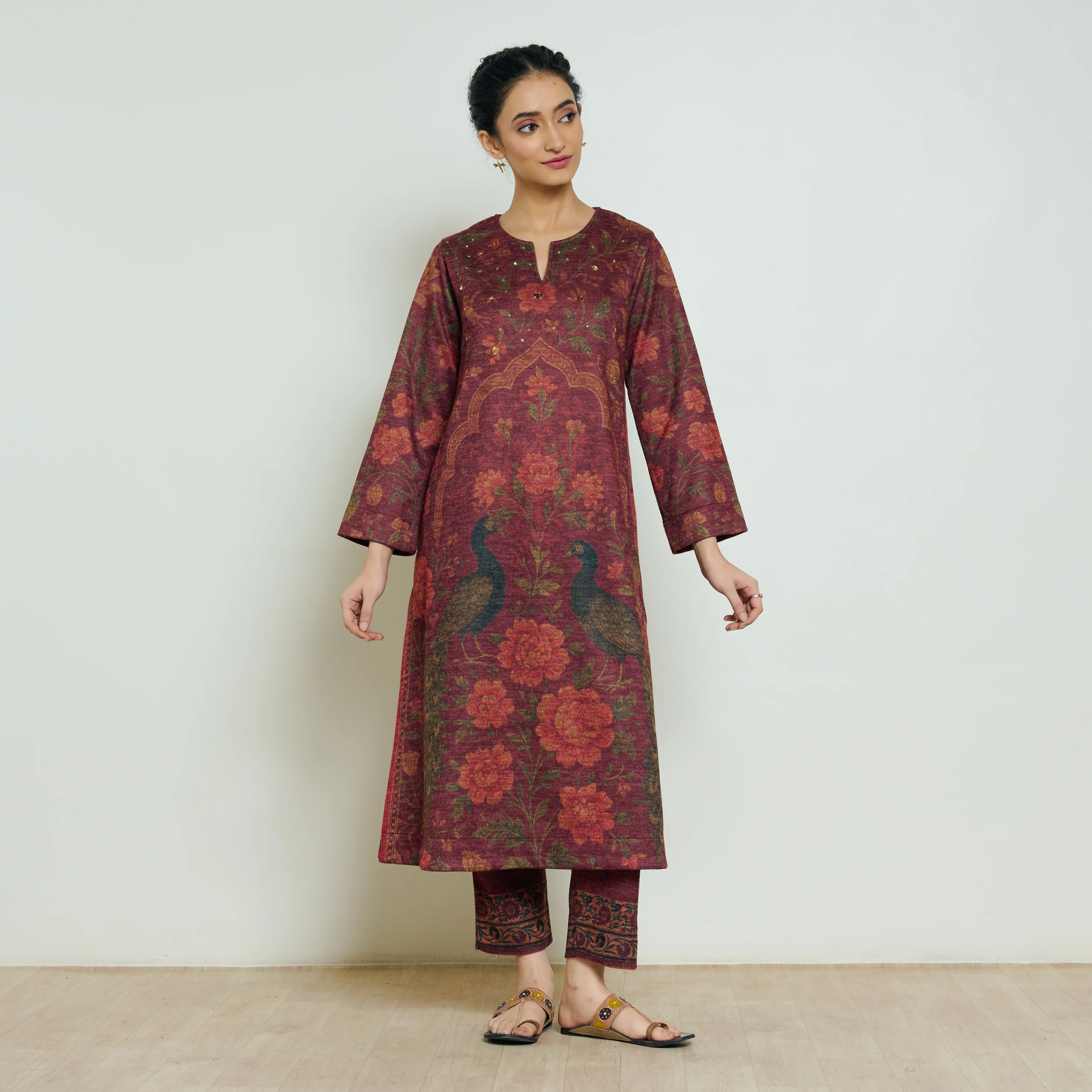 Valley of Flowers Hand Embroidered Woollen Kurta Set - Brick Red