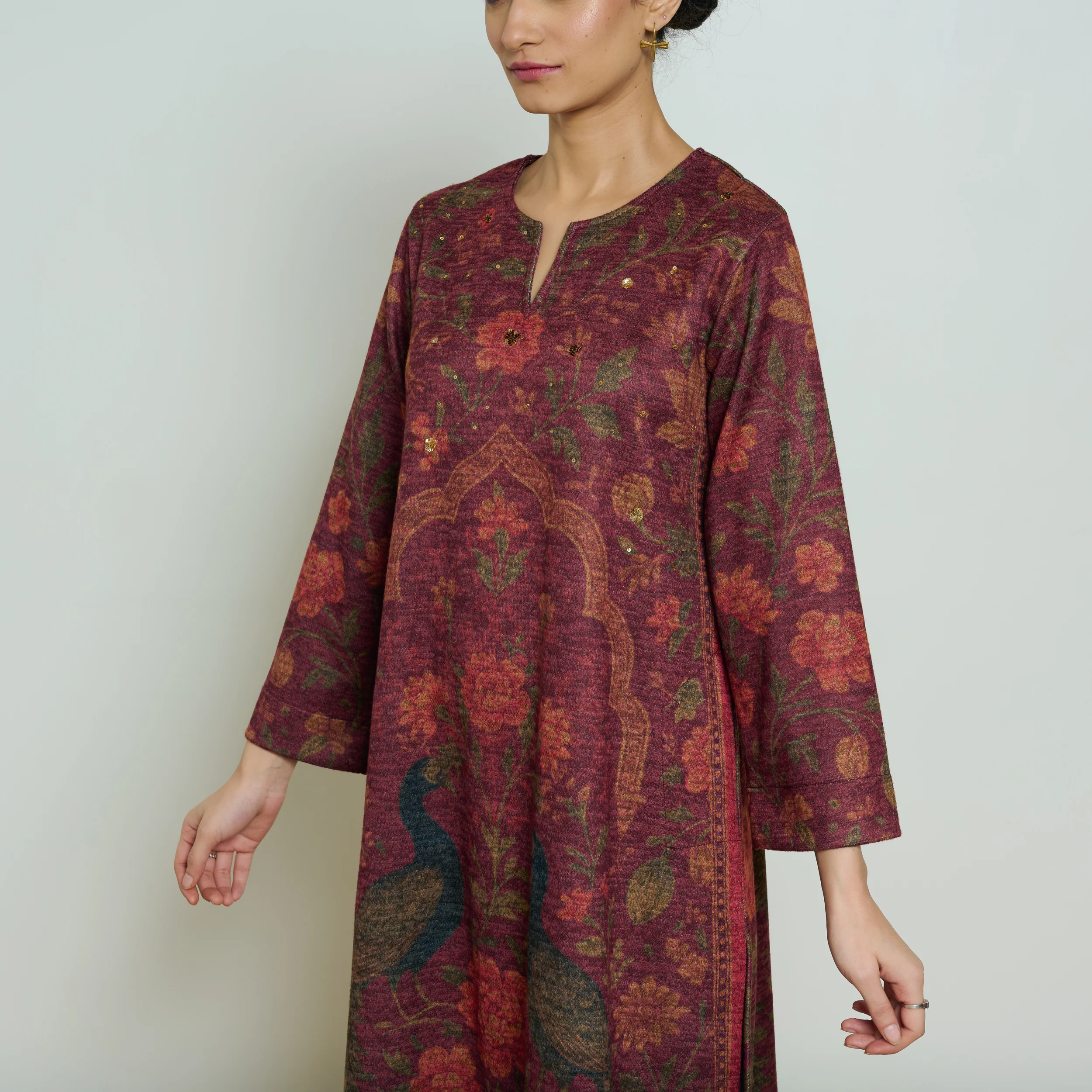 Valley of Flowers Hand Embroidered Woollen Kurta Set - Brick Red - Image 3