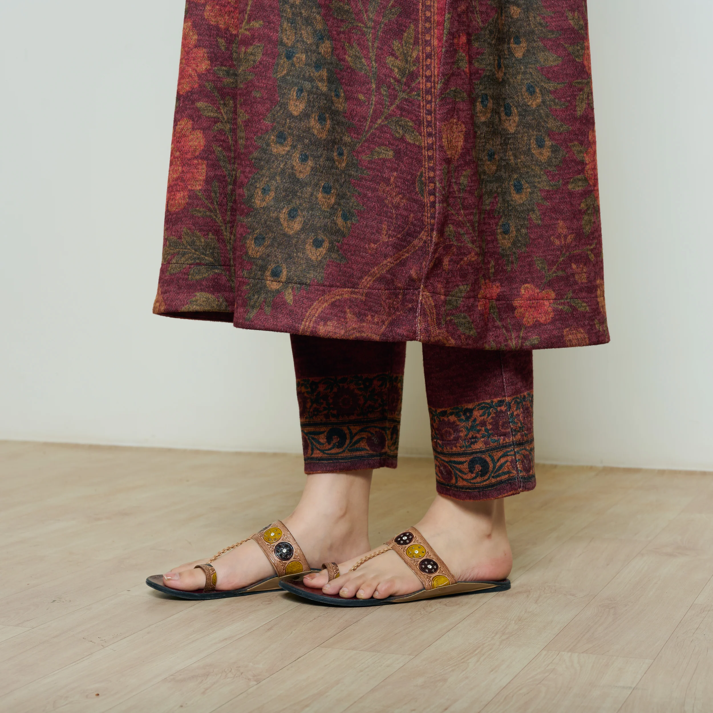 Valley of Flowers Hand Embroidered Woollen Kurta Set - Brick Red - Image 4