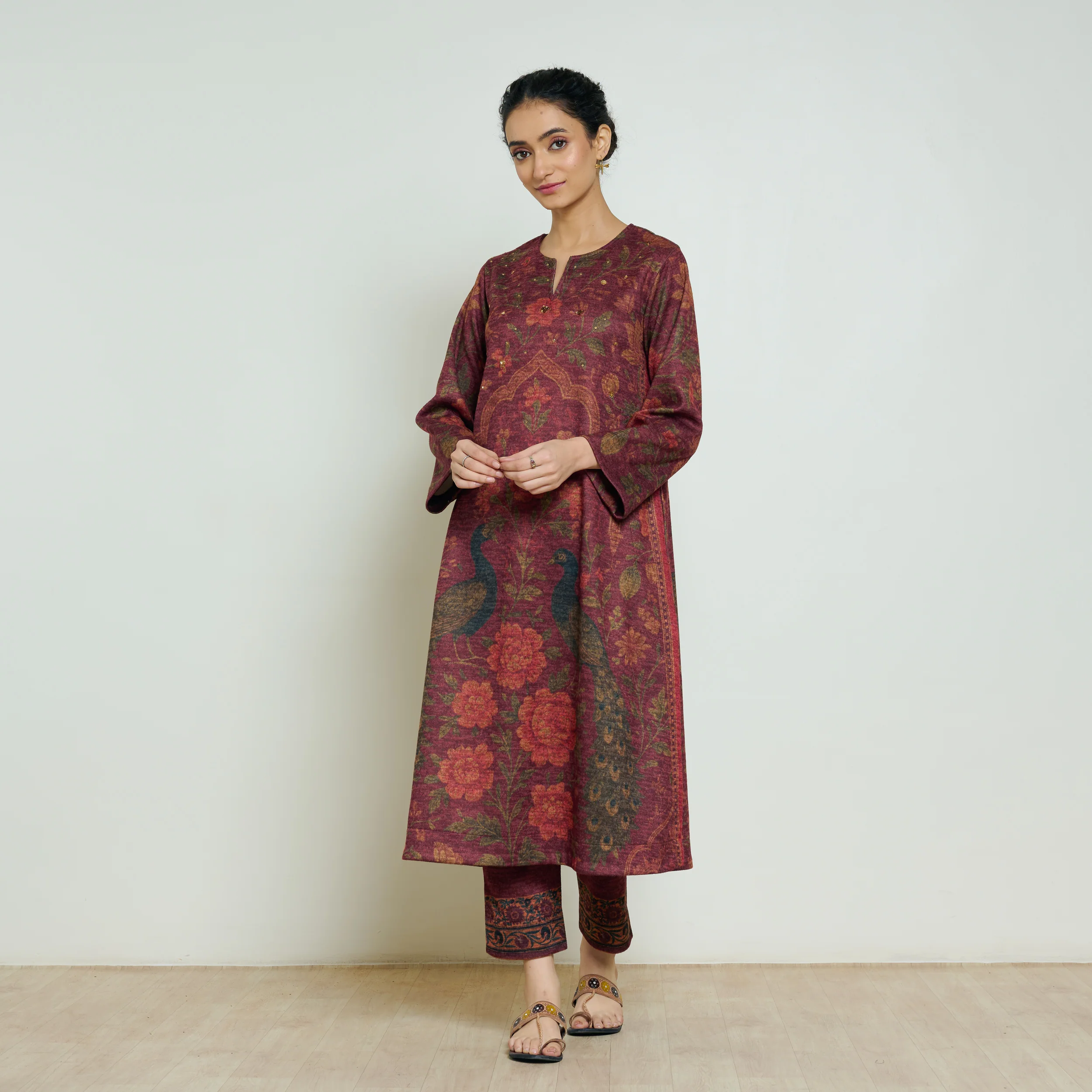 Valley of Flowers Hand Embroidered Woollen Kurta Set - Brick Red - Image 5