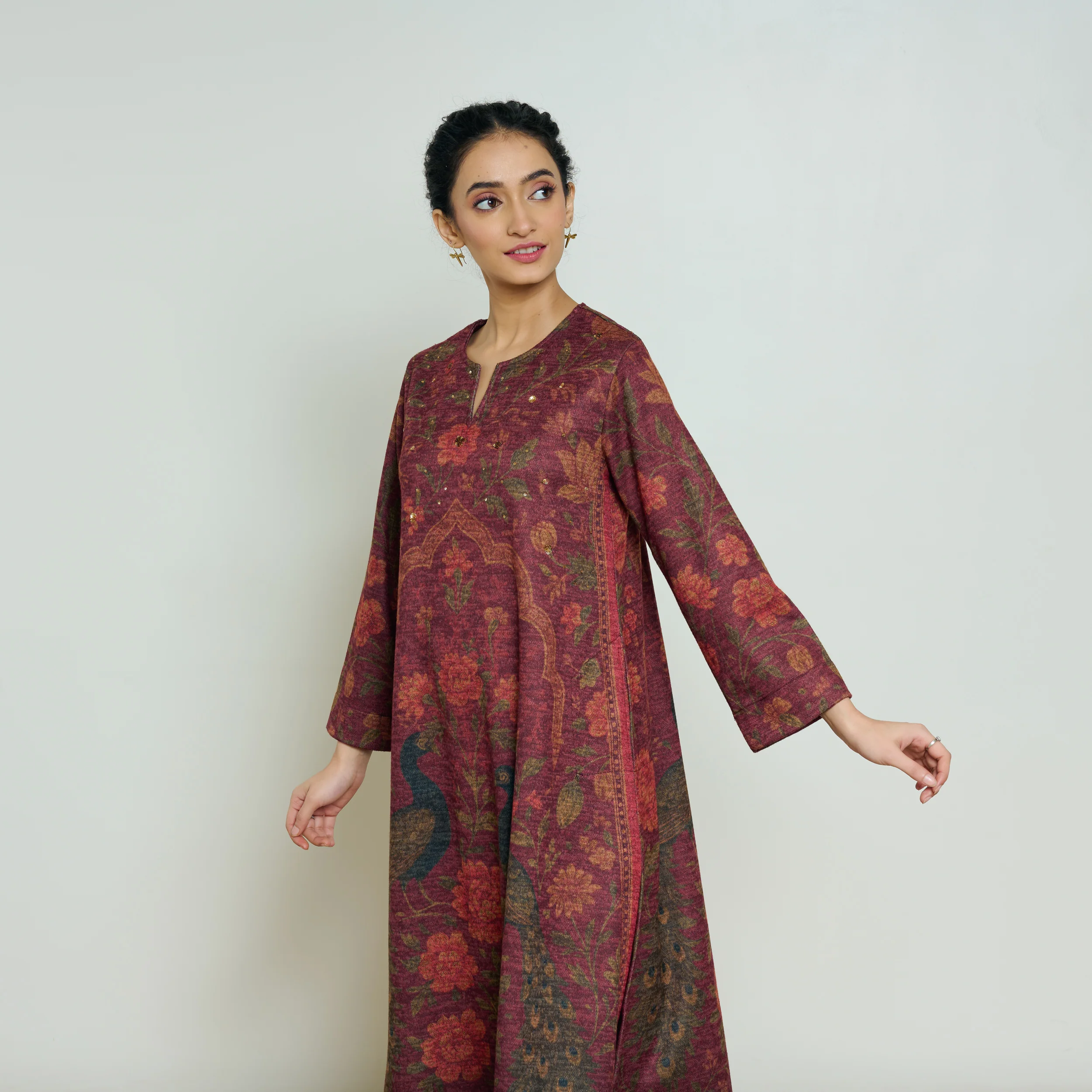 Valley of Flowers Hand Embroidered Woollen Kurta Set - Brick Red - Image 6