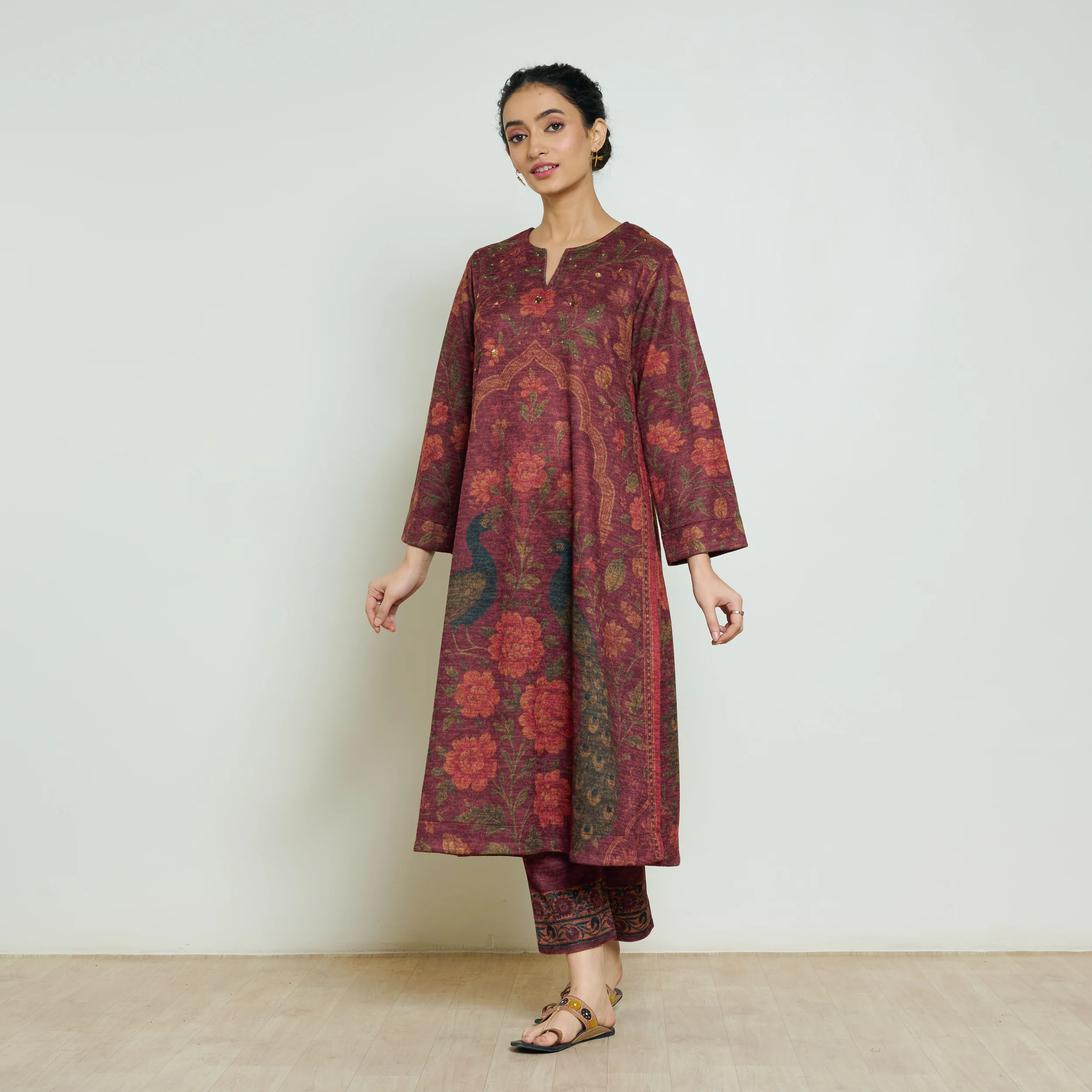Valley of Flowers Hand Embroidered Woollen Kurta Set - Brick Red - Image 7