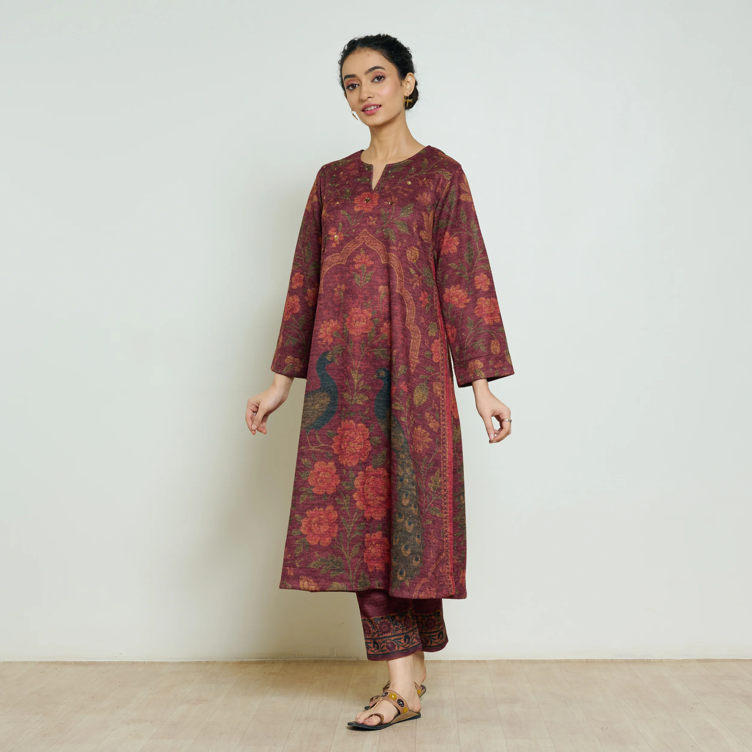 Valley of Flowers Hand Embroidered Woollen Kurta Set - Brick Red - Image 8