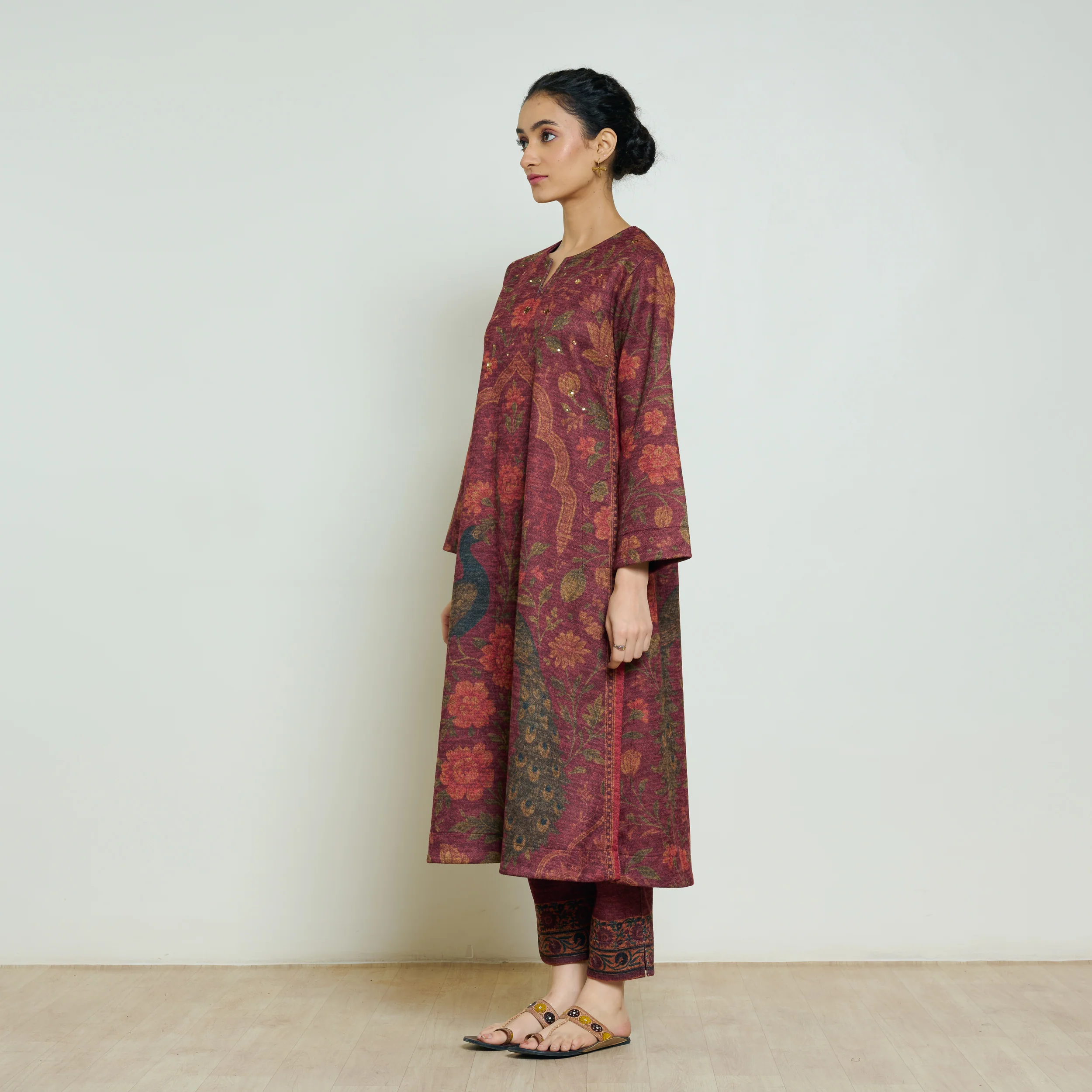 Valley of Flowers Hand Embroidered Woollen Kurta Set - Brick Red - Image 9