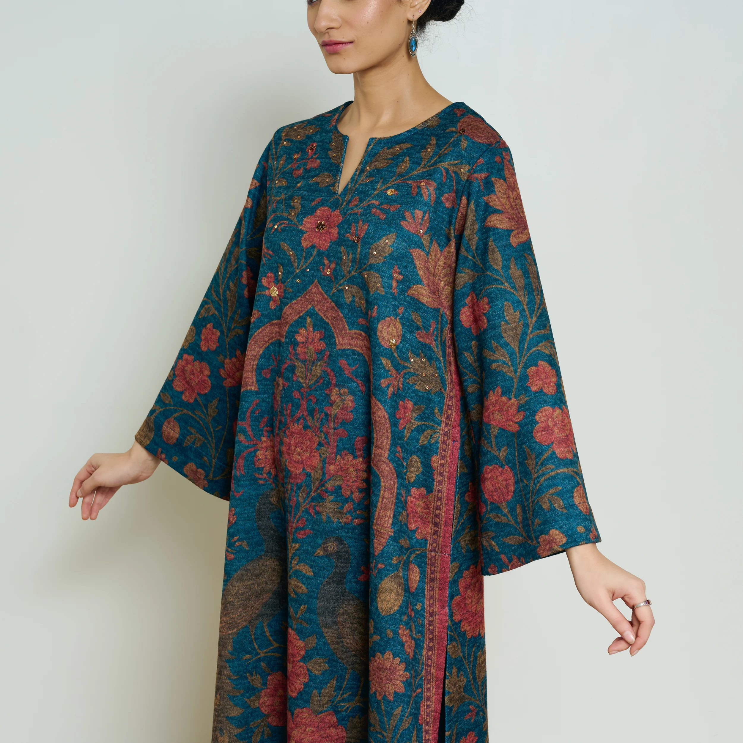 Valley of Flowers Hand Embroidered Woollen Kurta Set - Transformative Teal - Image 3
