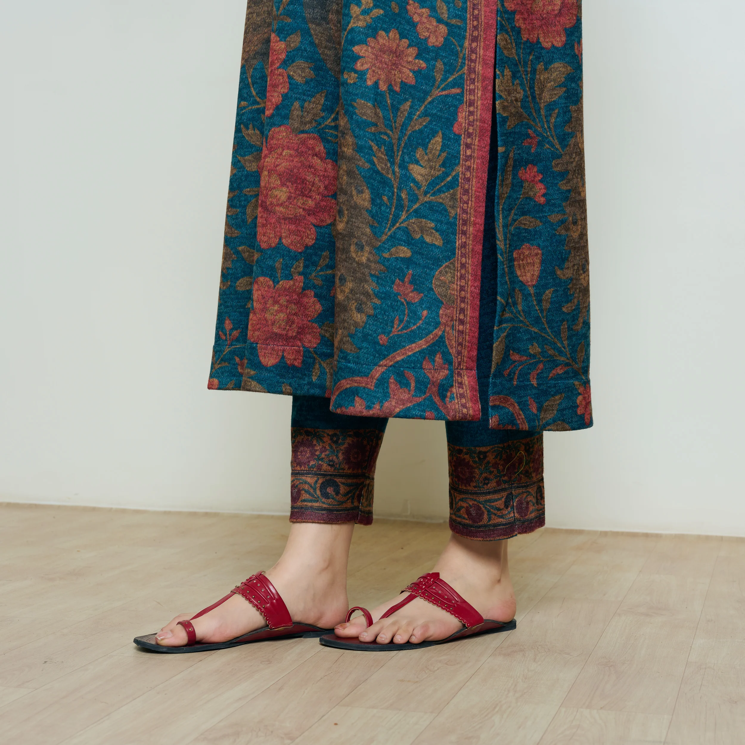 Valley of Flowers Hand Embroidered Woollen Kurta Set - Transformative Teal - Image 4