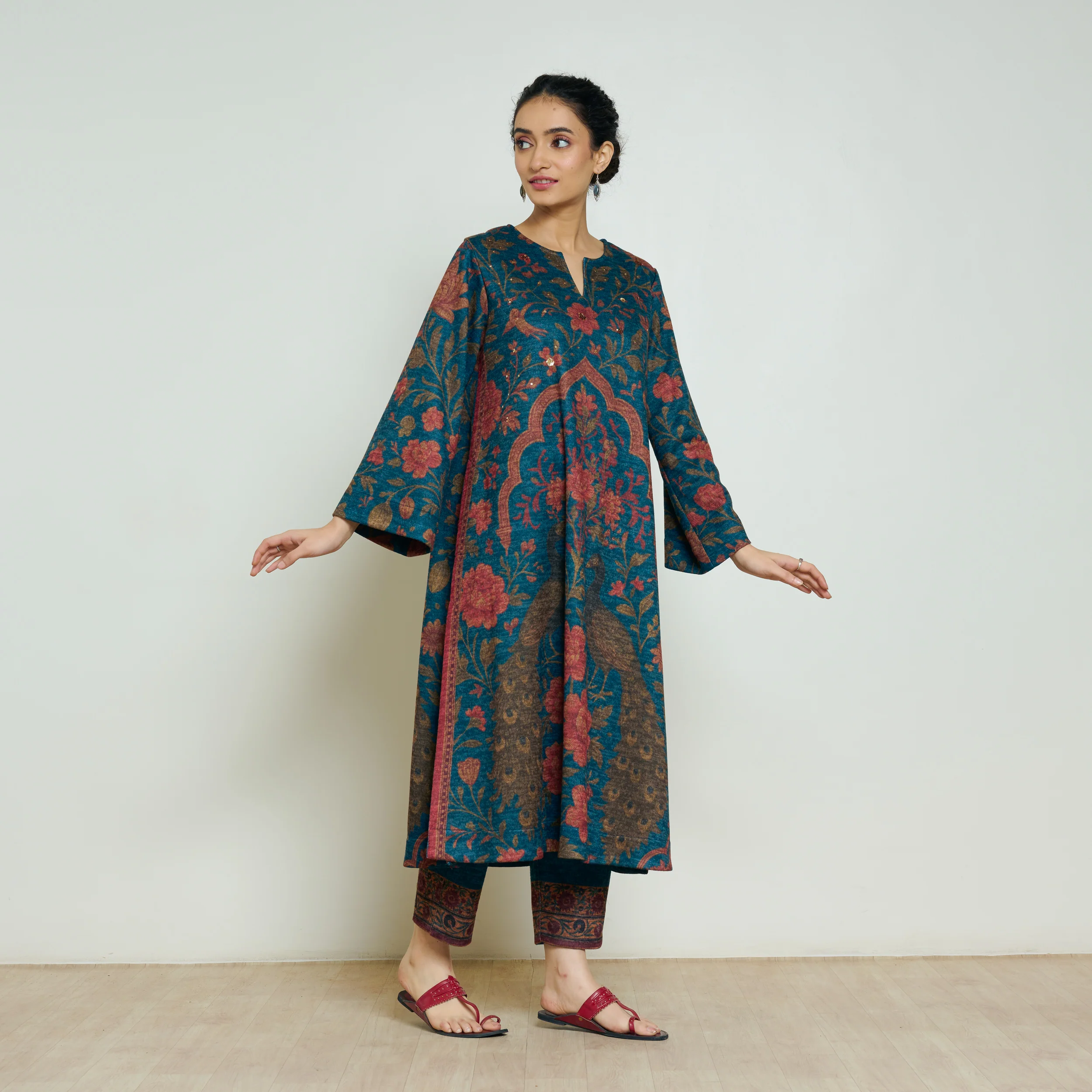 Valley of Flowers Hand Embroidered Woollen Kurta Set - Transformative Teal - Image 5