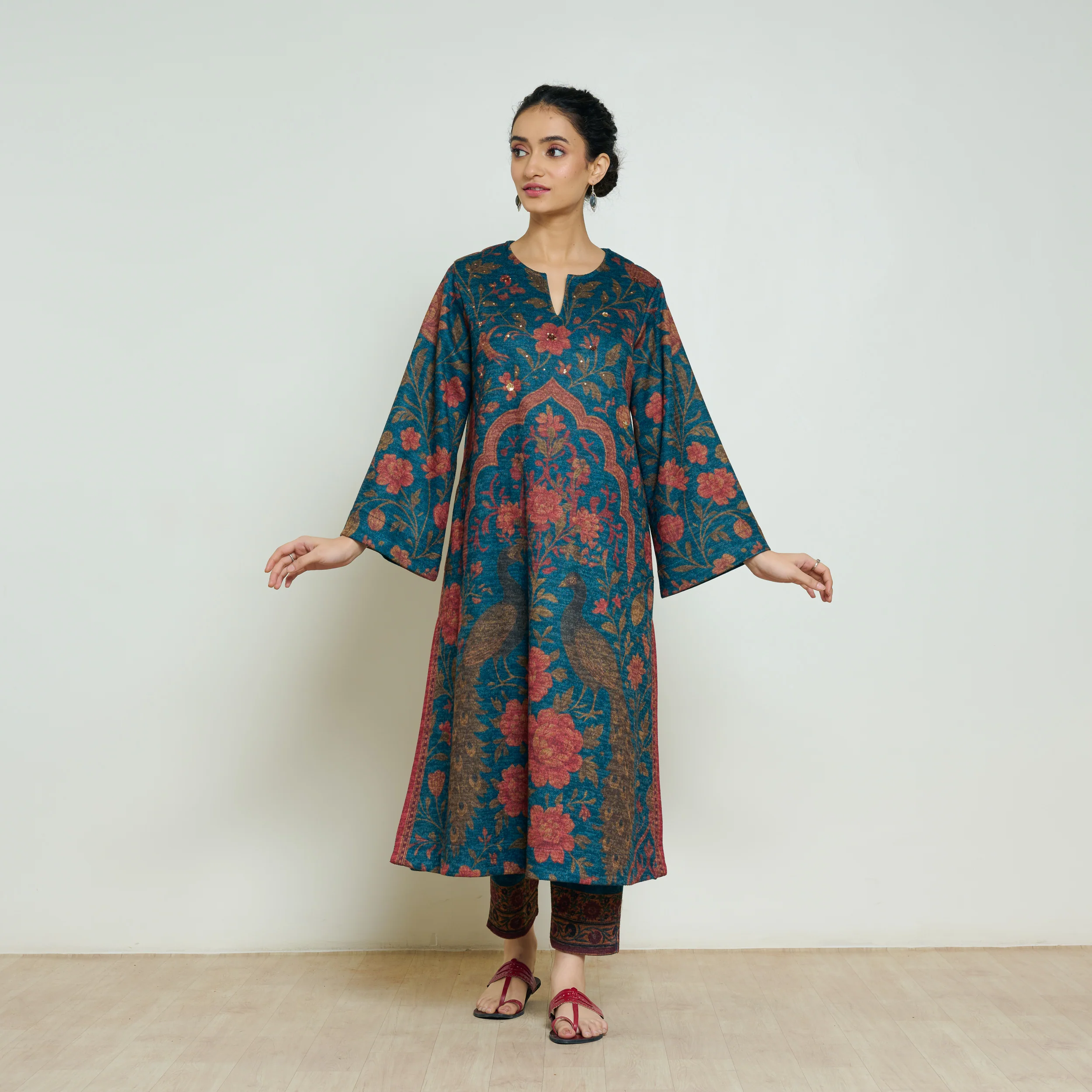 Valley of Flowers Hand Embroidered Woollen Kurta Set - Transformative Teal - Image 6