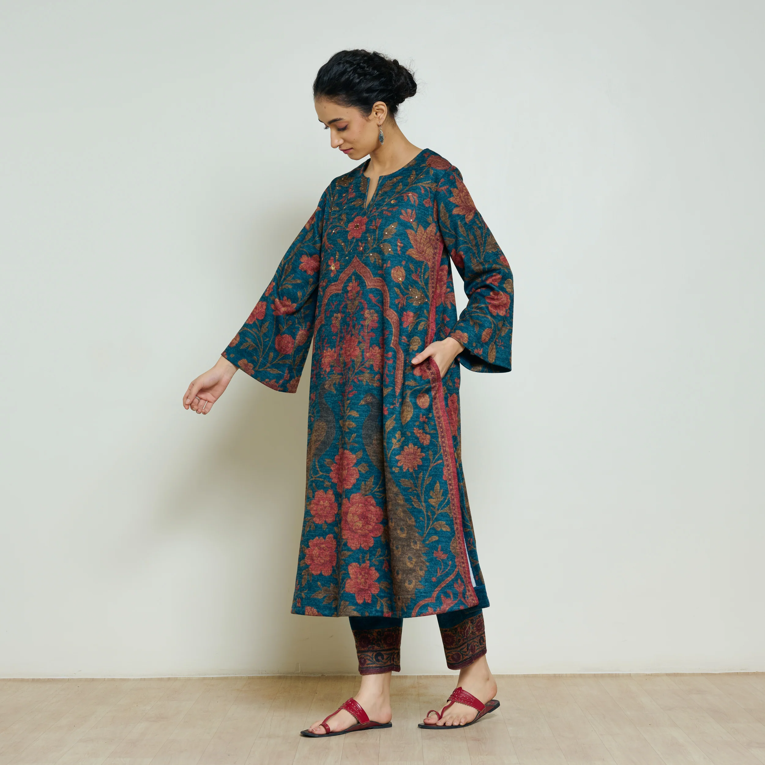 Valley of Flowers Hand Embroidered Woollen Kurta Set - Transformative Teal - Image 8