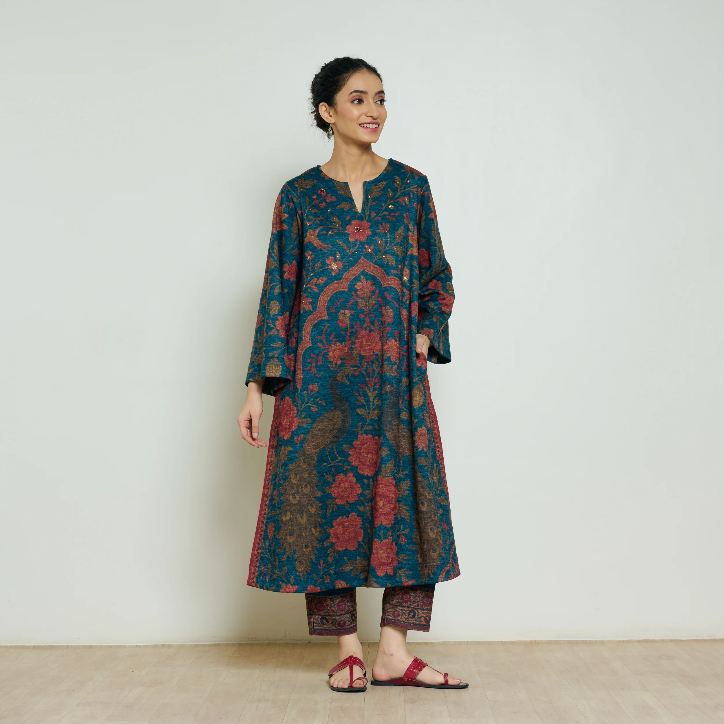 Valley of Flowers Hand Embroidered Woollen Kurta - Transformative Teal - Image 3