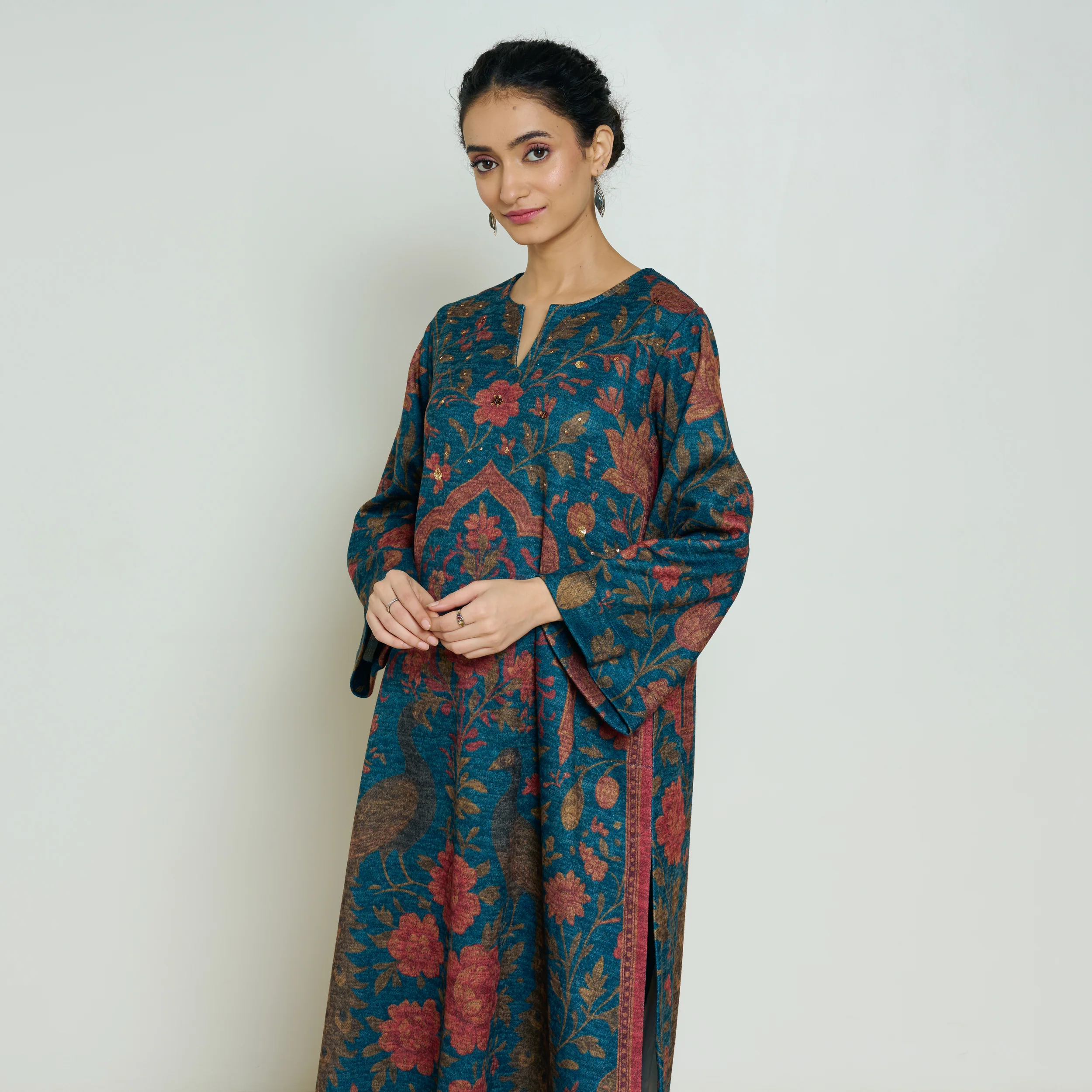 Valley of Flowers Hand Embroidered Woollen Kurta - Transformative Teal - Image 6