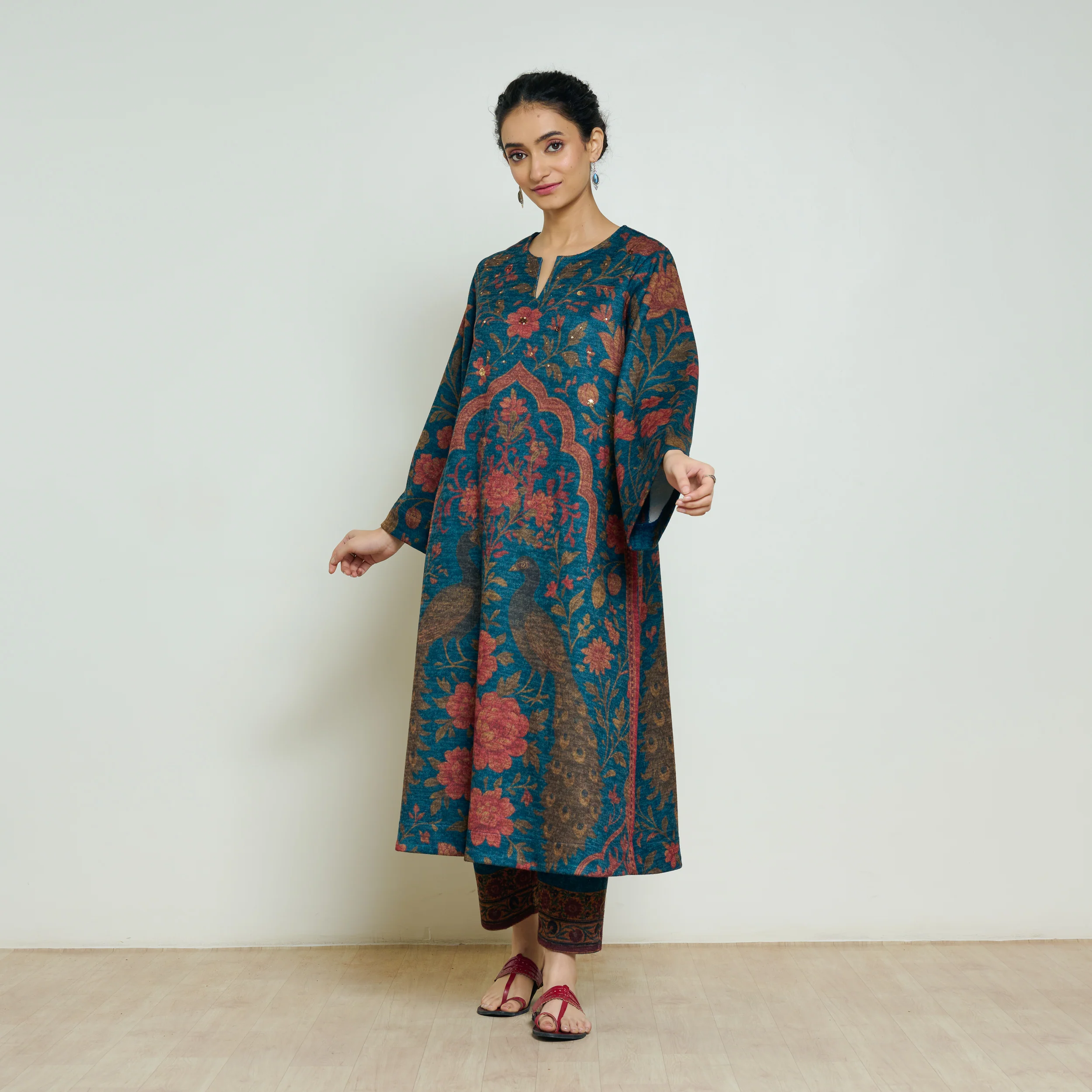 Valley of Flowers Hand Embroidered Woollen Kurta - Transformative Teal - Image 8