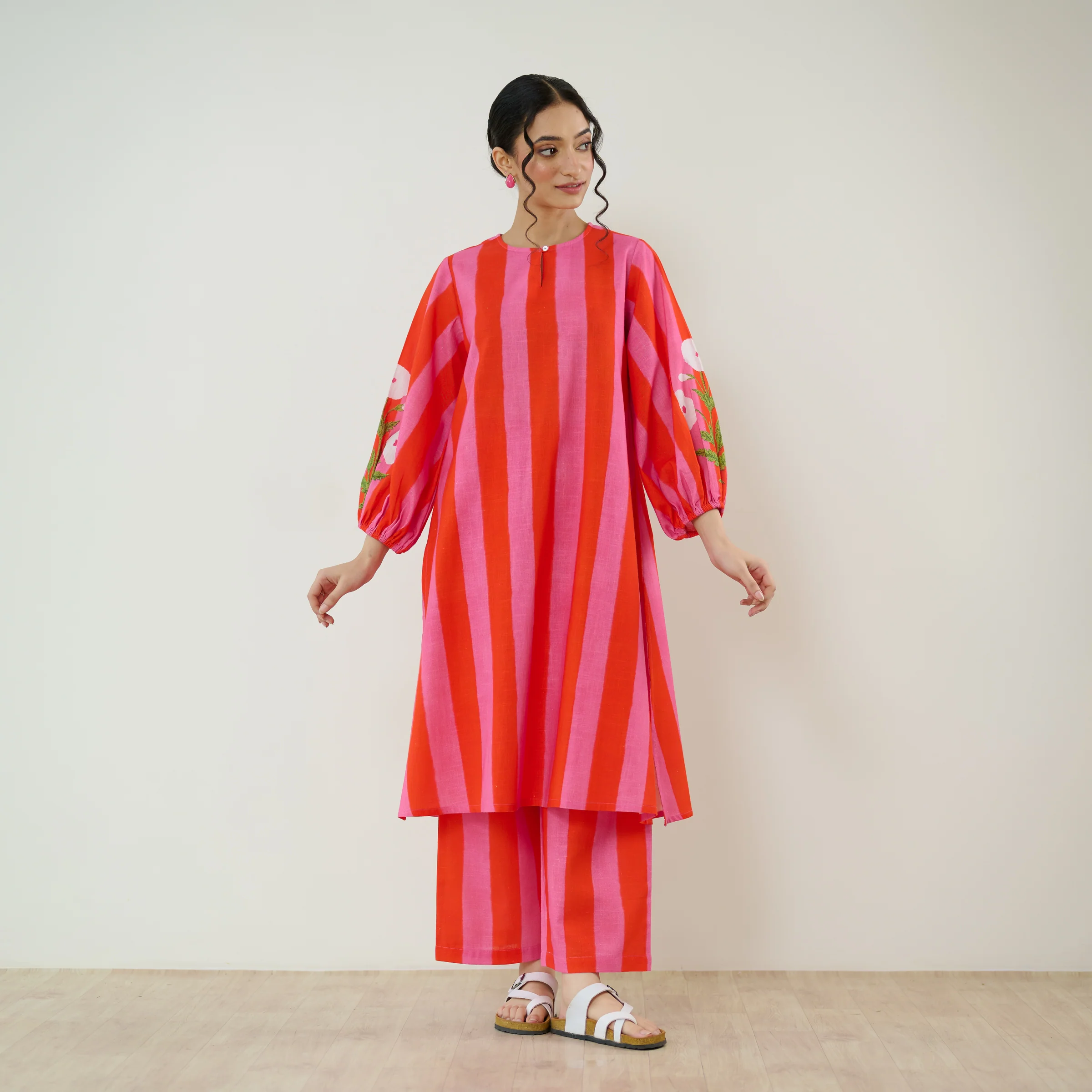 Verandah Striped Kurta Set - Hot Pink