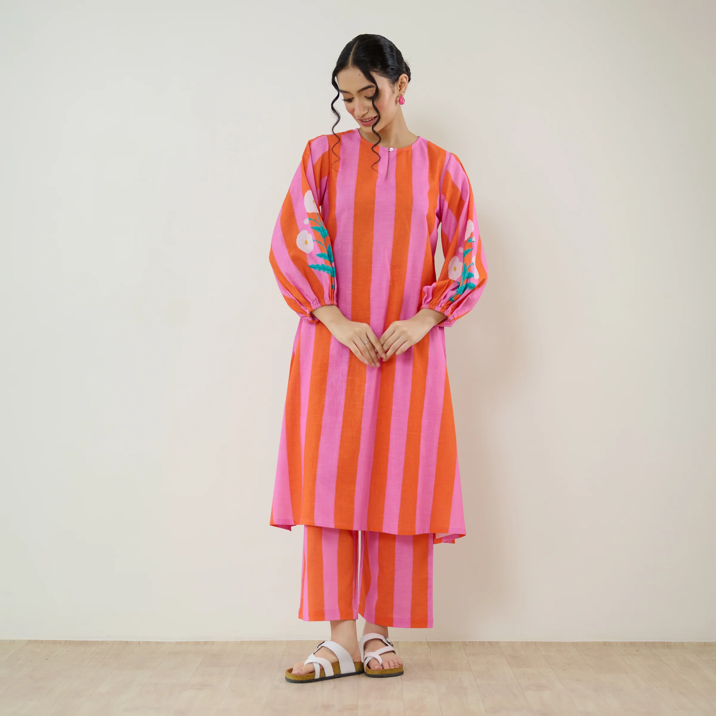 Verandah Striped Kurta Set - Orange - Image 3