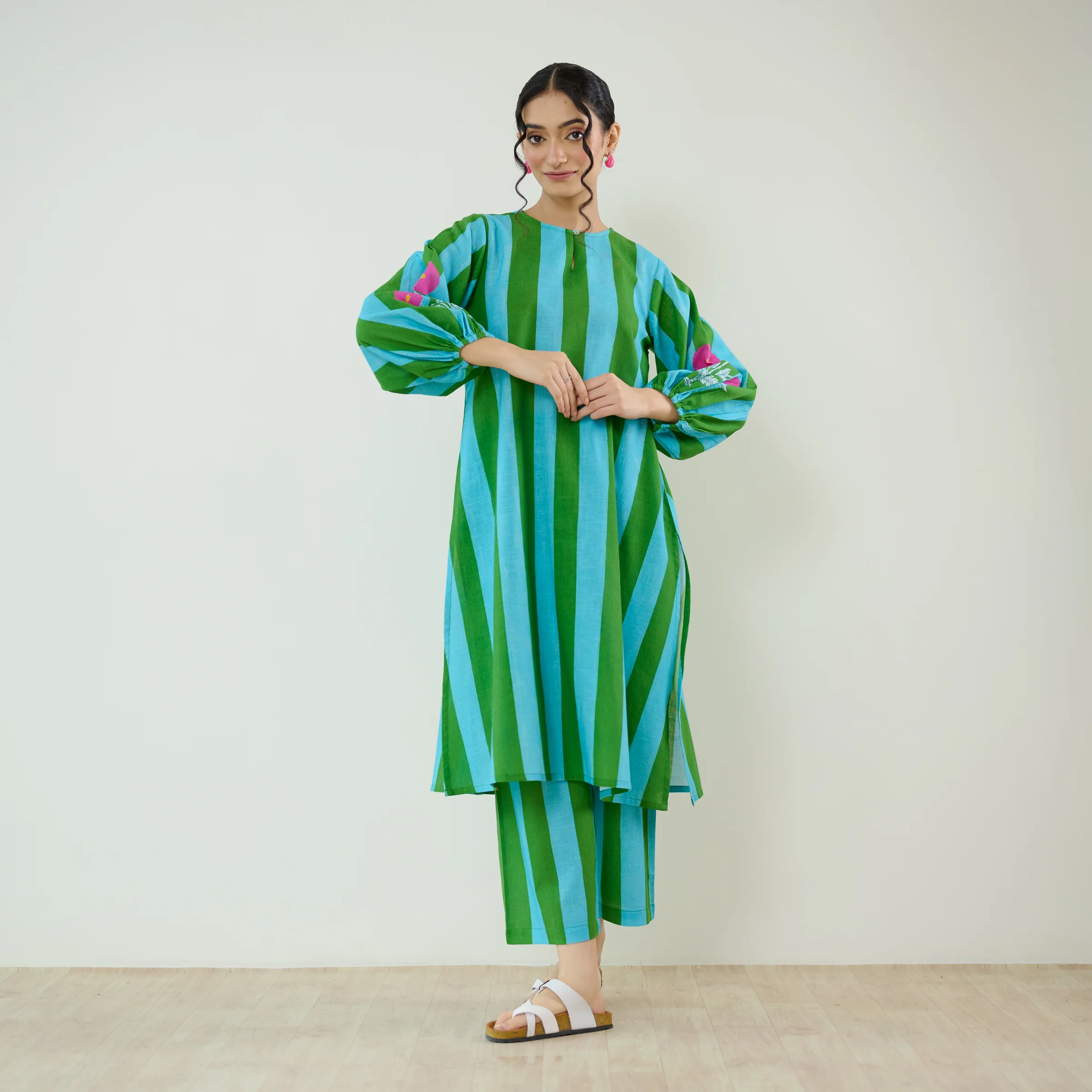 Verandah Striped Kurta Set - Sea Green - Image 3