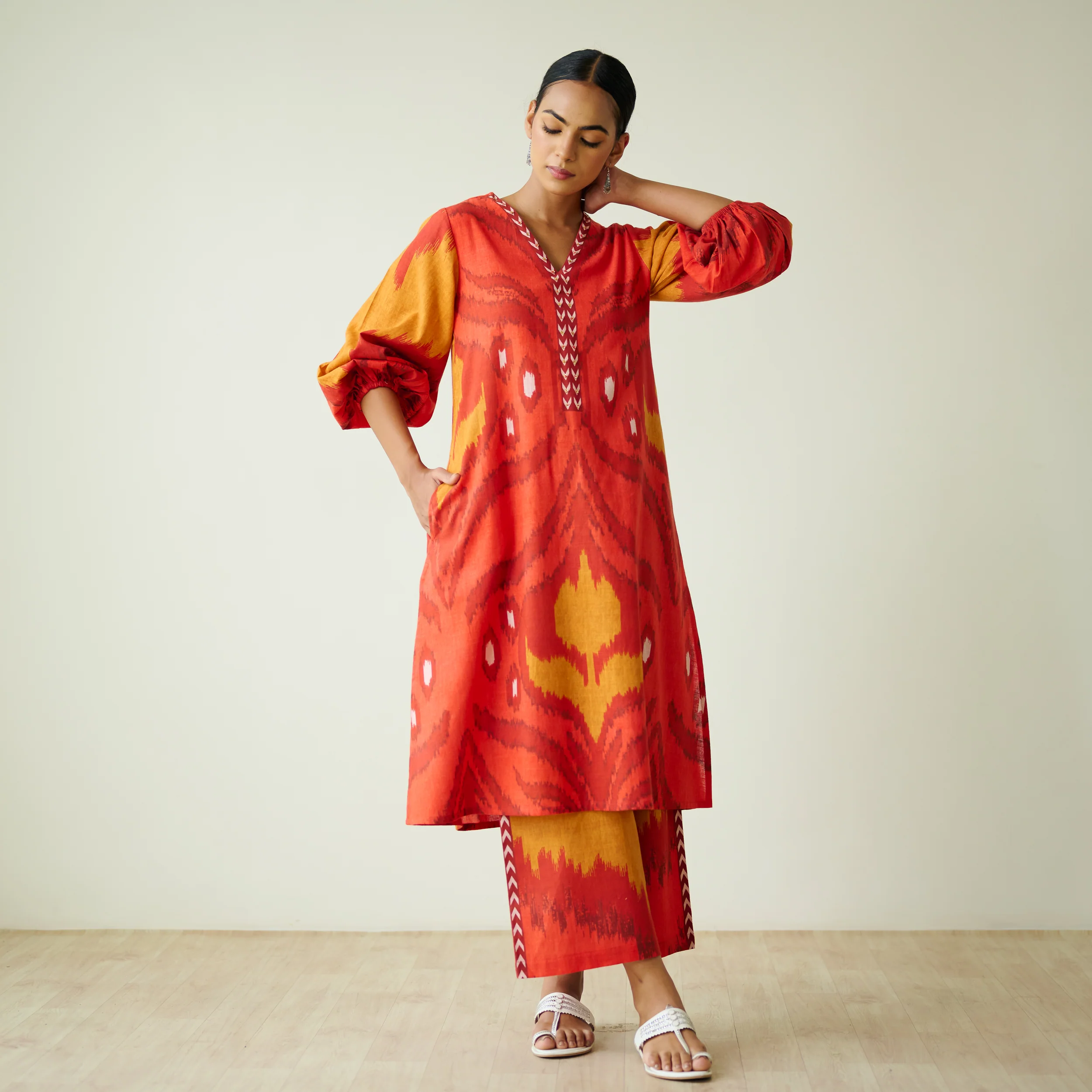 Viola Hand Embroidered Slub Cotton Kurta Set - Red - Image 3