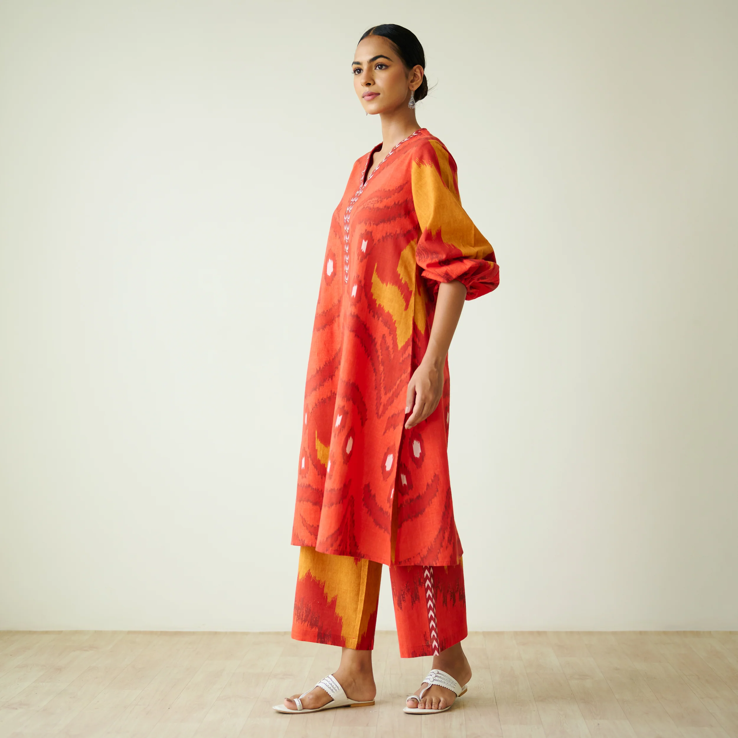 Viola Hand Embroidered Slub Cotton Kurta Set - Red - Image 4