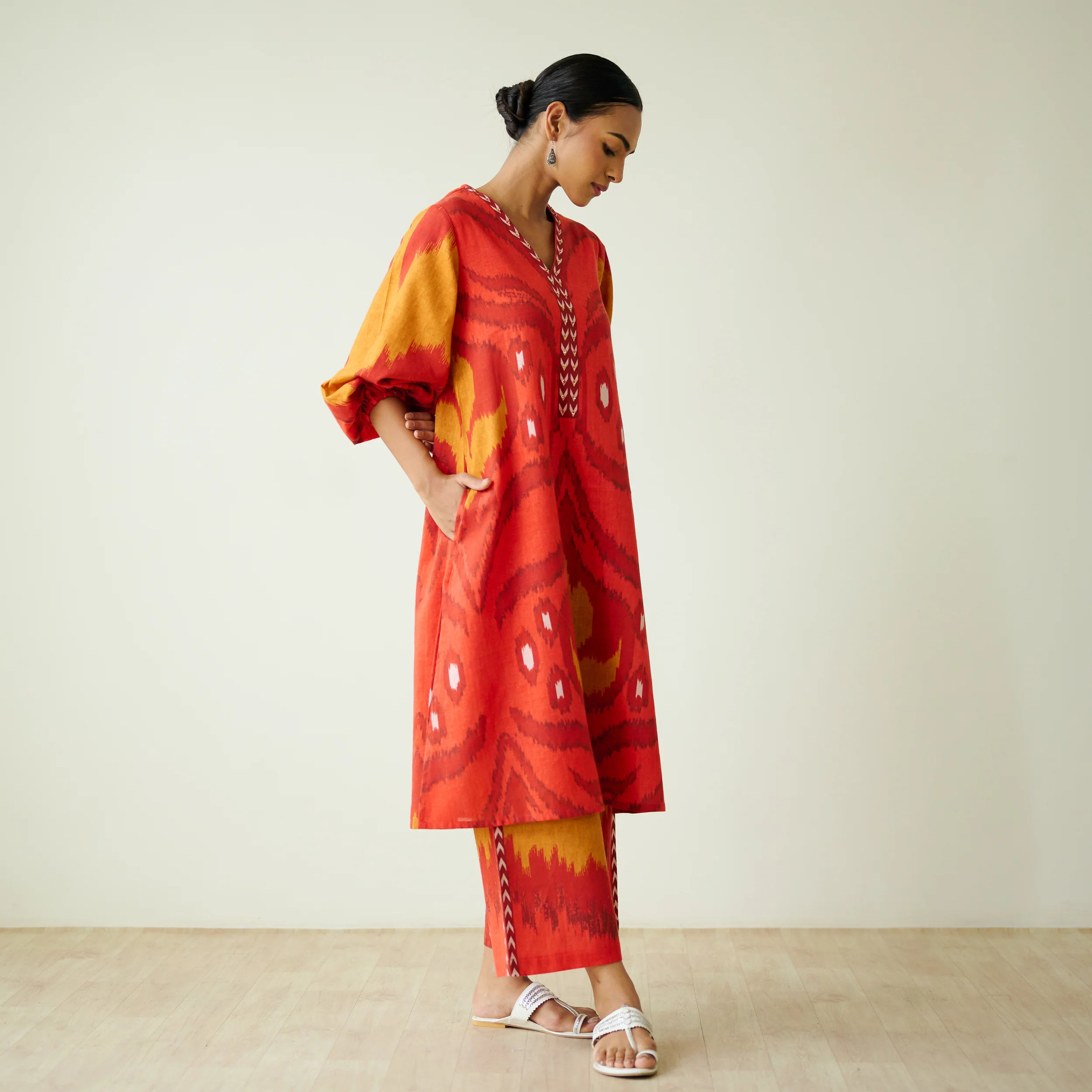 Viola Hand Embroidered Slub Cotton Kurta Set - Red - Image 6