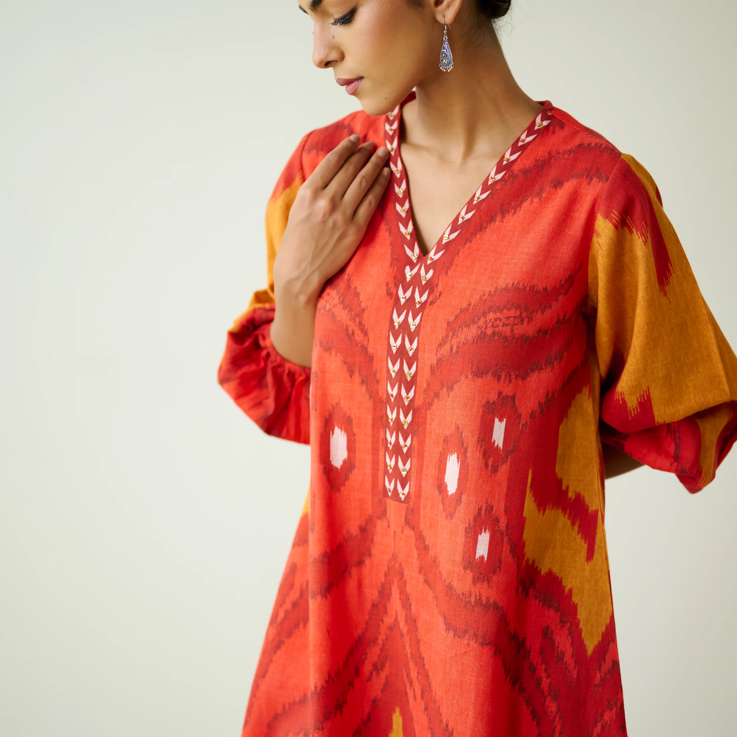 Viola Hand Embroidered Slub Cotton Kurta Set - Red - Image 8