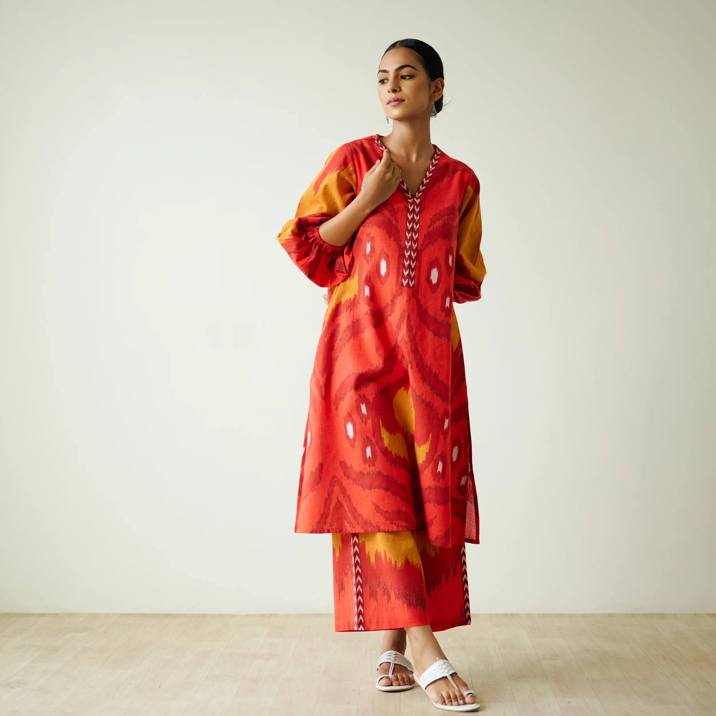 Viola Hand Embroidered Slub Cotton Kurta Set - Red - Image 9