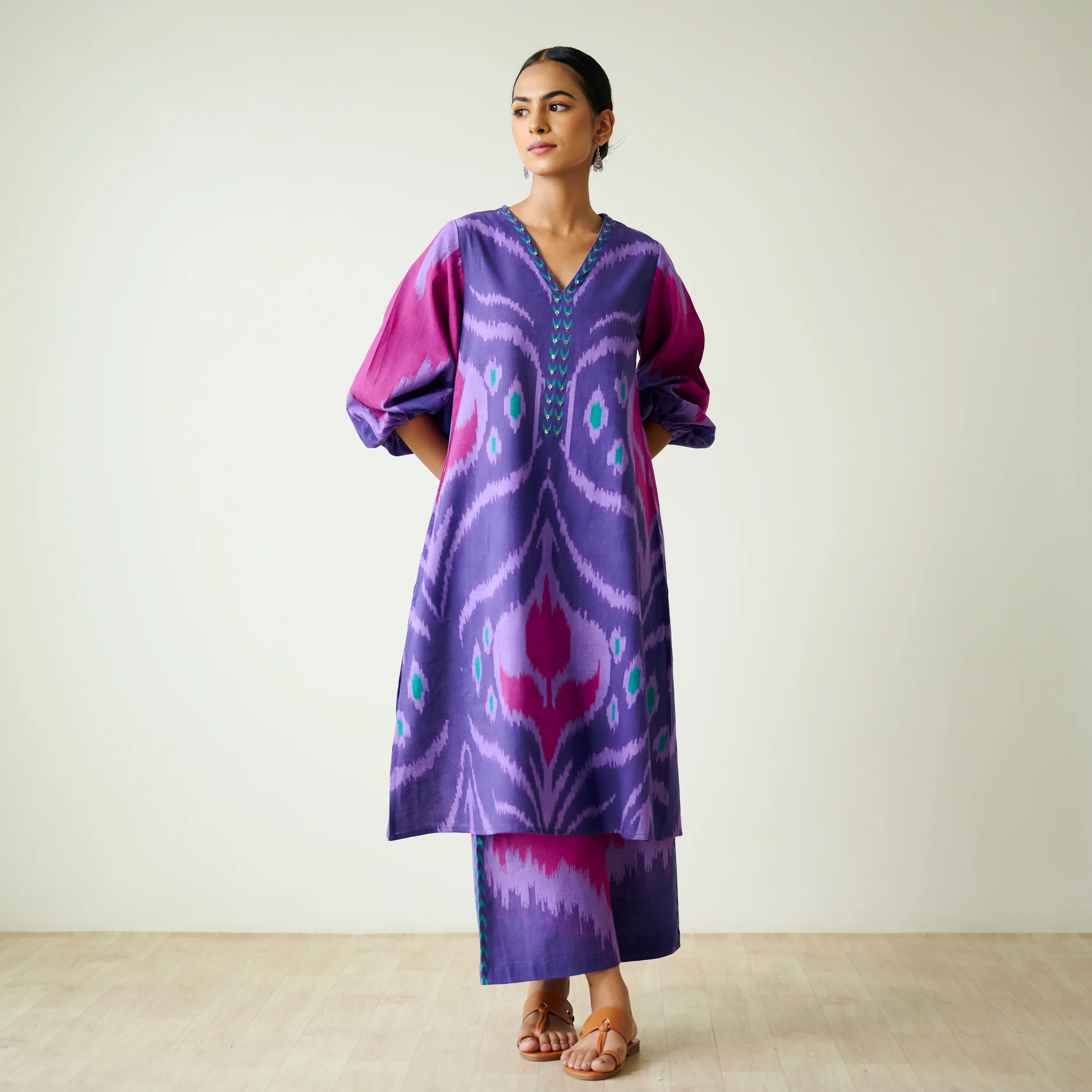Viola Hand Embroidered Slub Cotton Kurta Set - Violet - Image 3