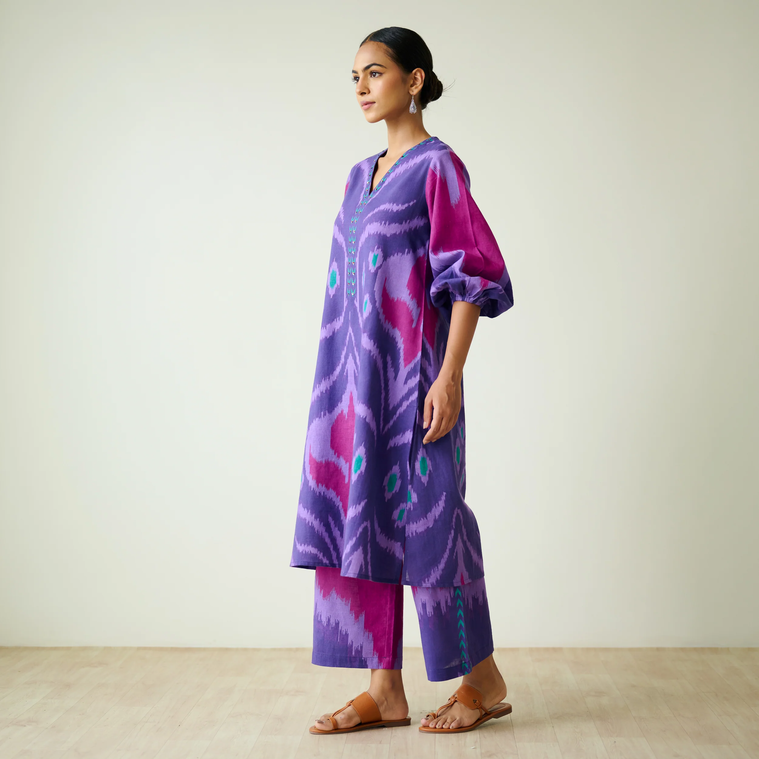 Viola Hand Embroidered Slub Cotton Kurta Set - Violet - Image 4