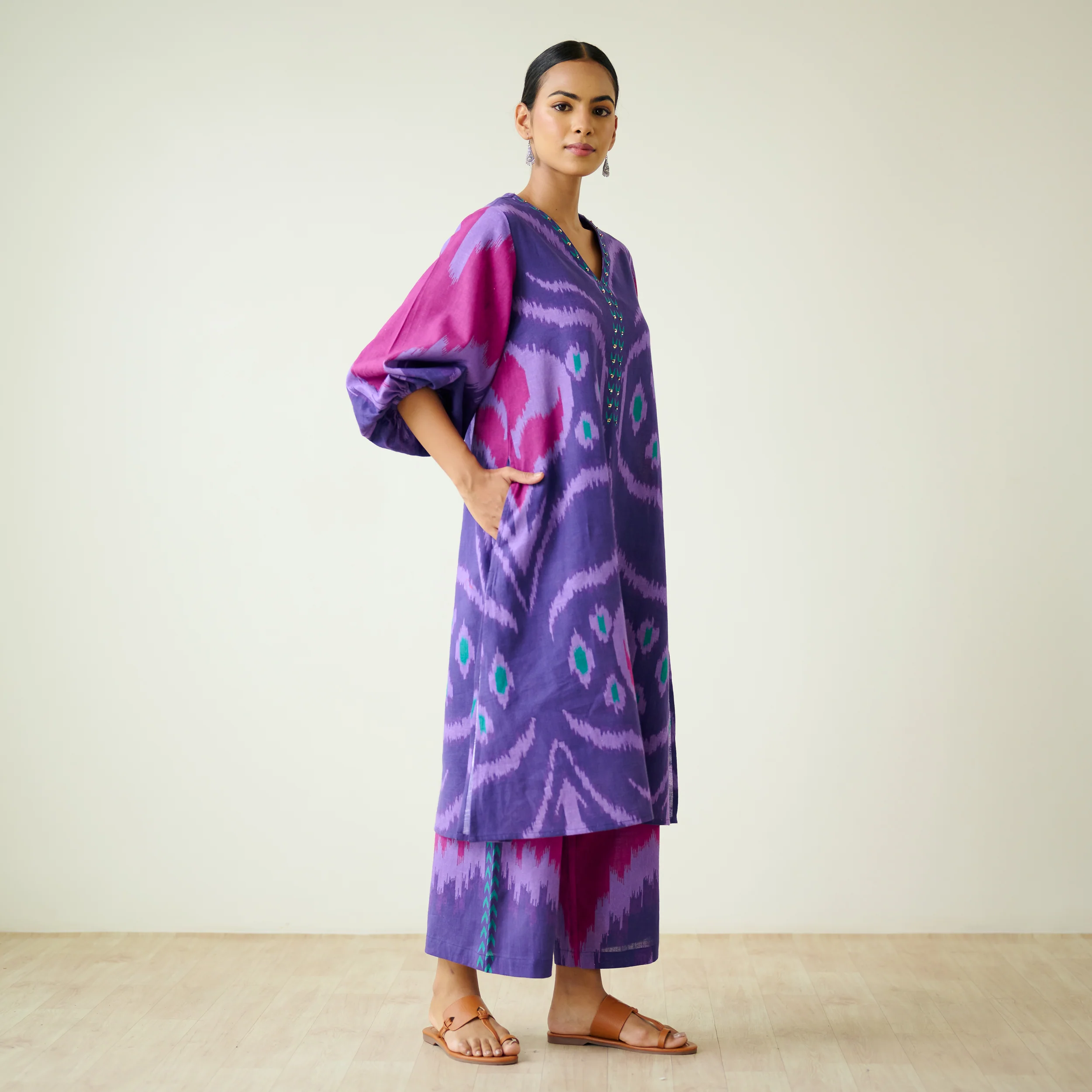 Viola Hand Embroidered Slub Cotton Kurta Set - Violet - Image 6