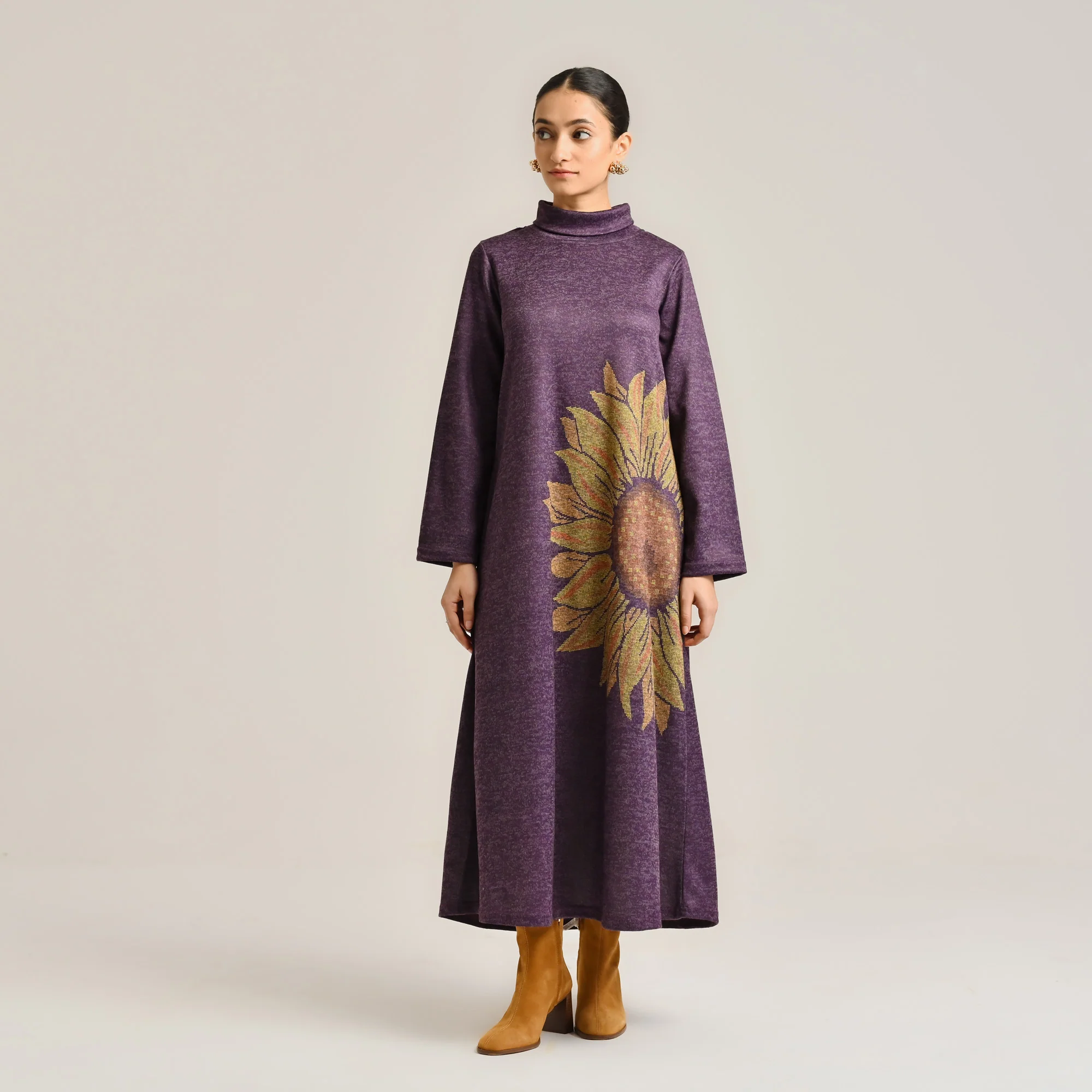Violet Sunflower Statement Woollen Winter Dress - Image 3