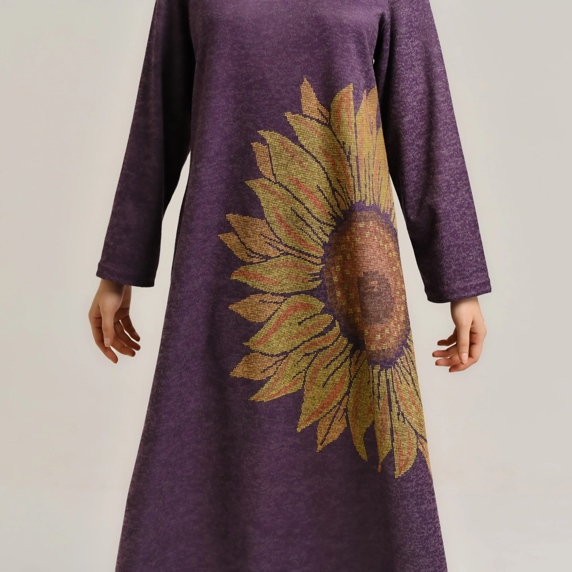 Violet Sunflower Statement Woollen Winter Dress - Image 4