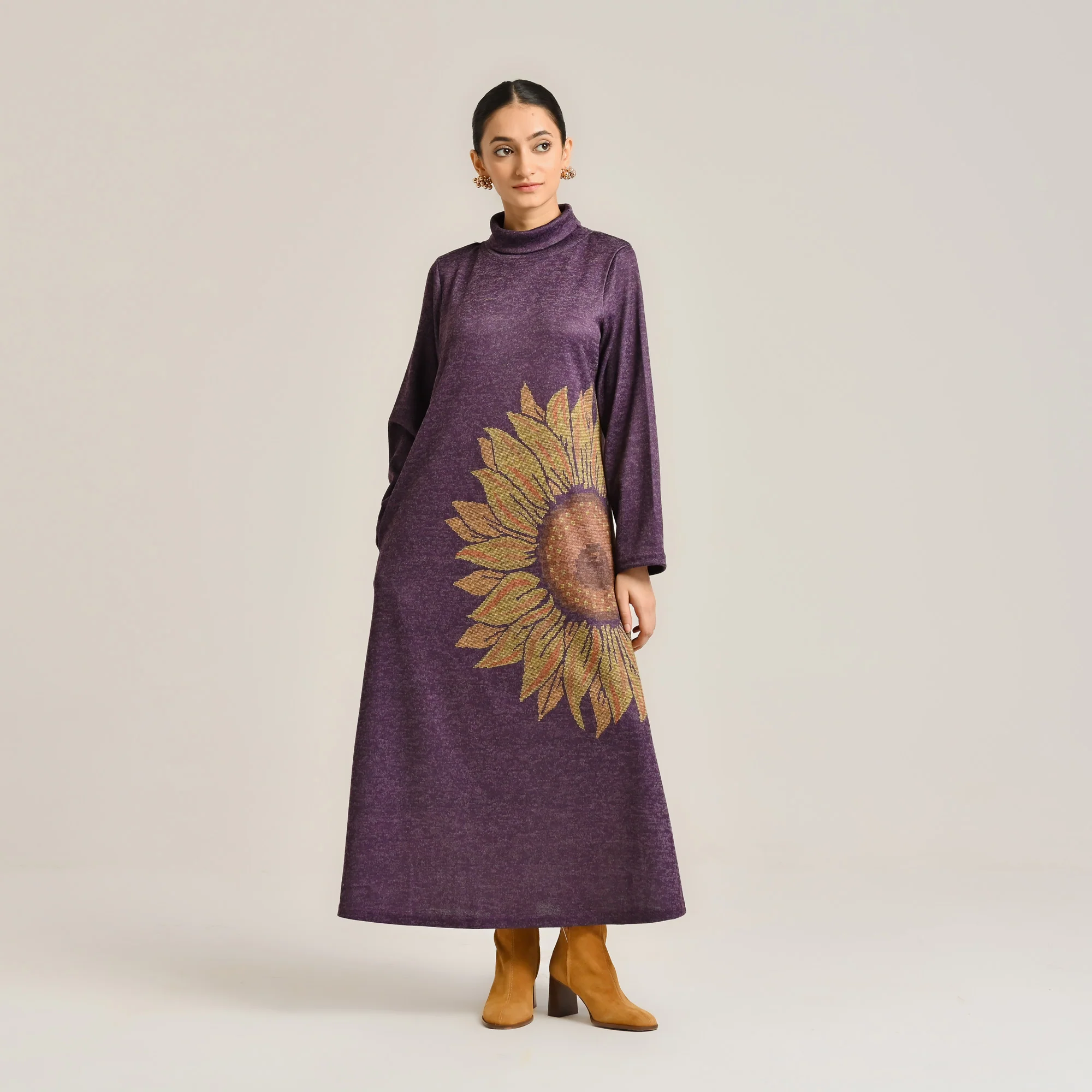 Violet Sunflower Statement Woollen Winter Dress - Image 5