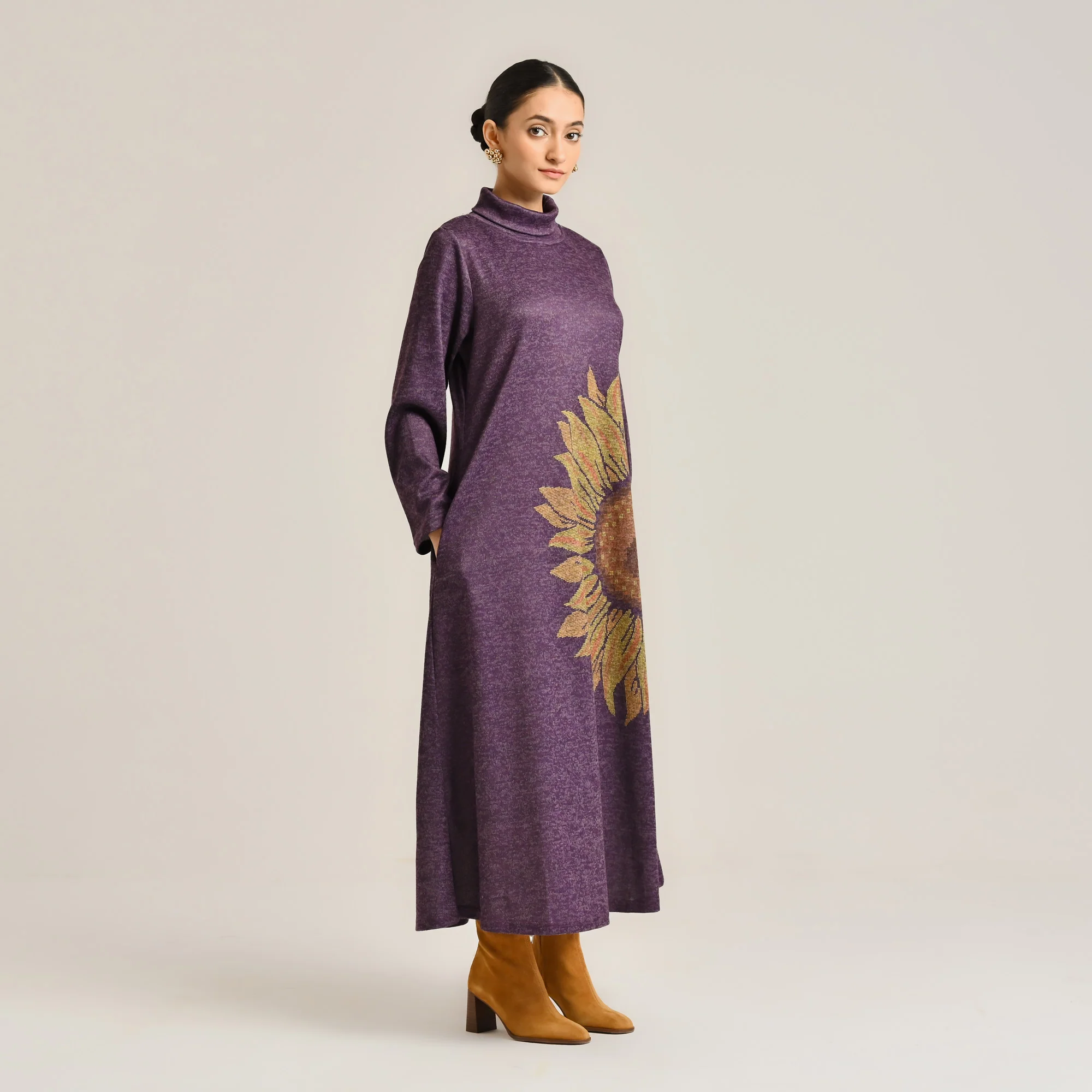 Violet Sunflower Statement Woollen Winter Dress - Image 6
