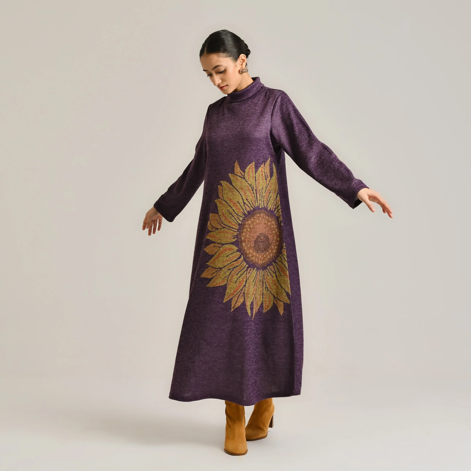 Violet Sunflower Statement Woollen Winter Dress - Image 7