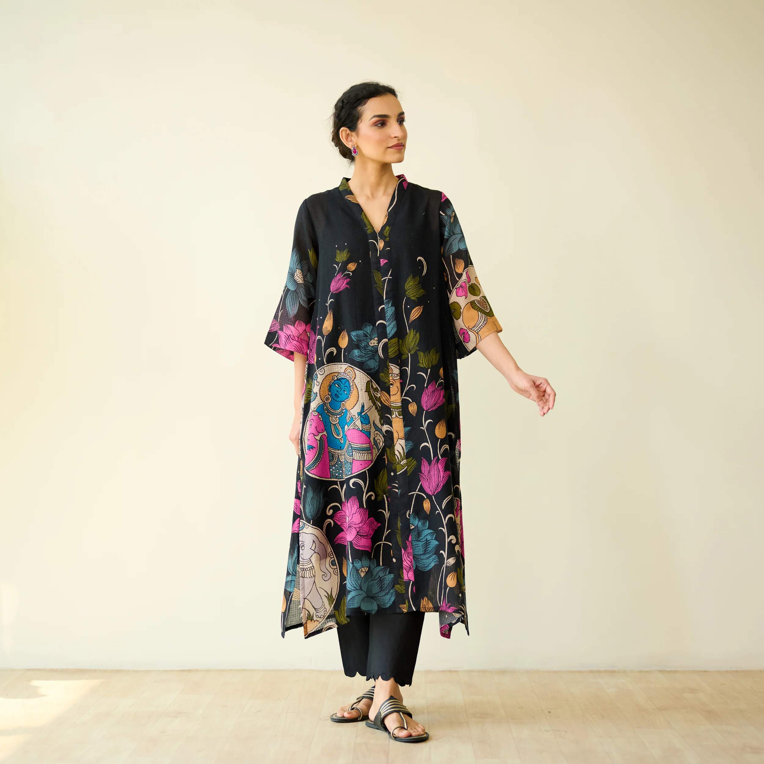 Vrinda Hand Embroidered Kota Doria Cotton Kurta - Black