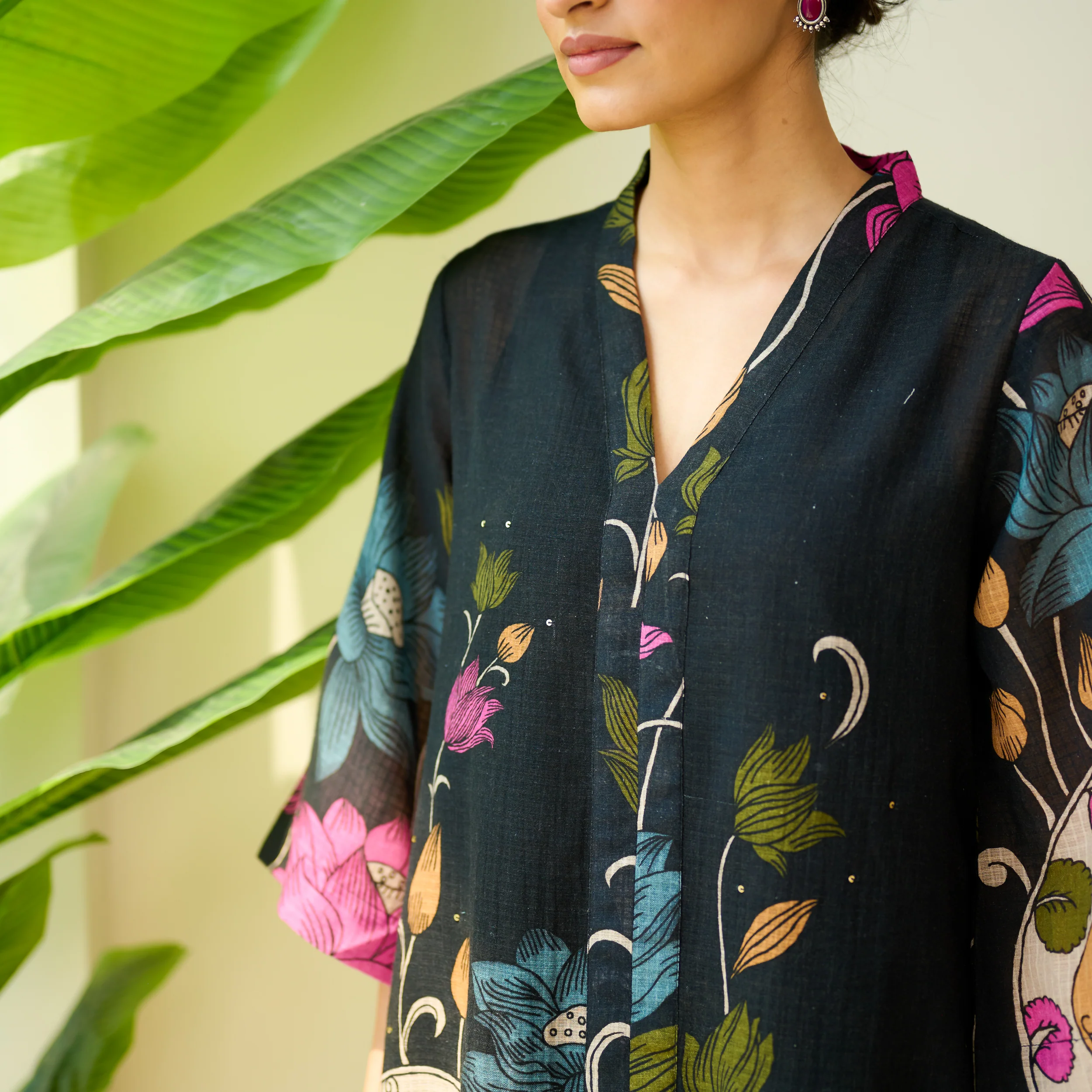 Vrinda Hand Embroidered Kota Doria Cotton Kurta - Black - Image 2