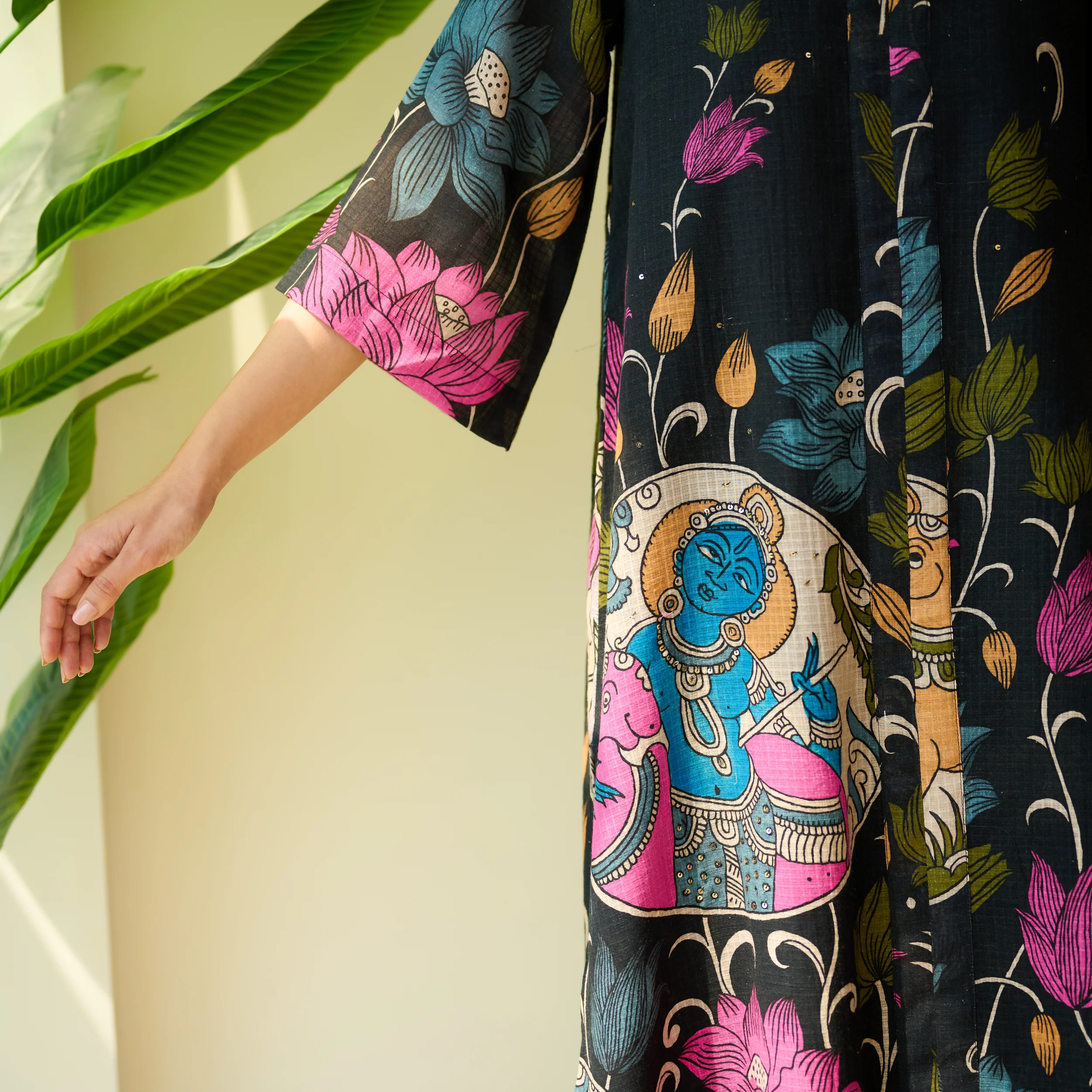 Vrinda Hand Embroidered Kota Doria Cotton Kurta - Black - Image 4