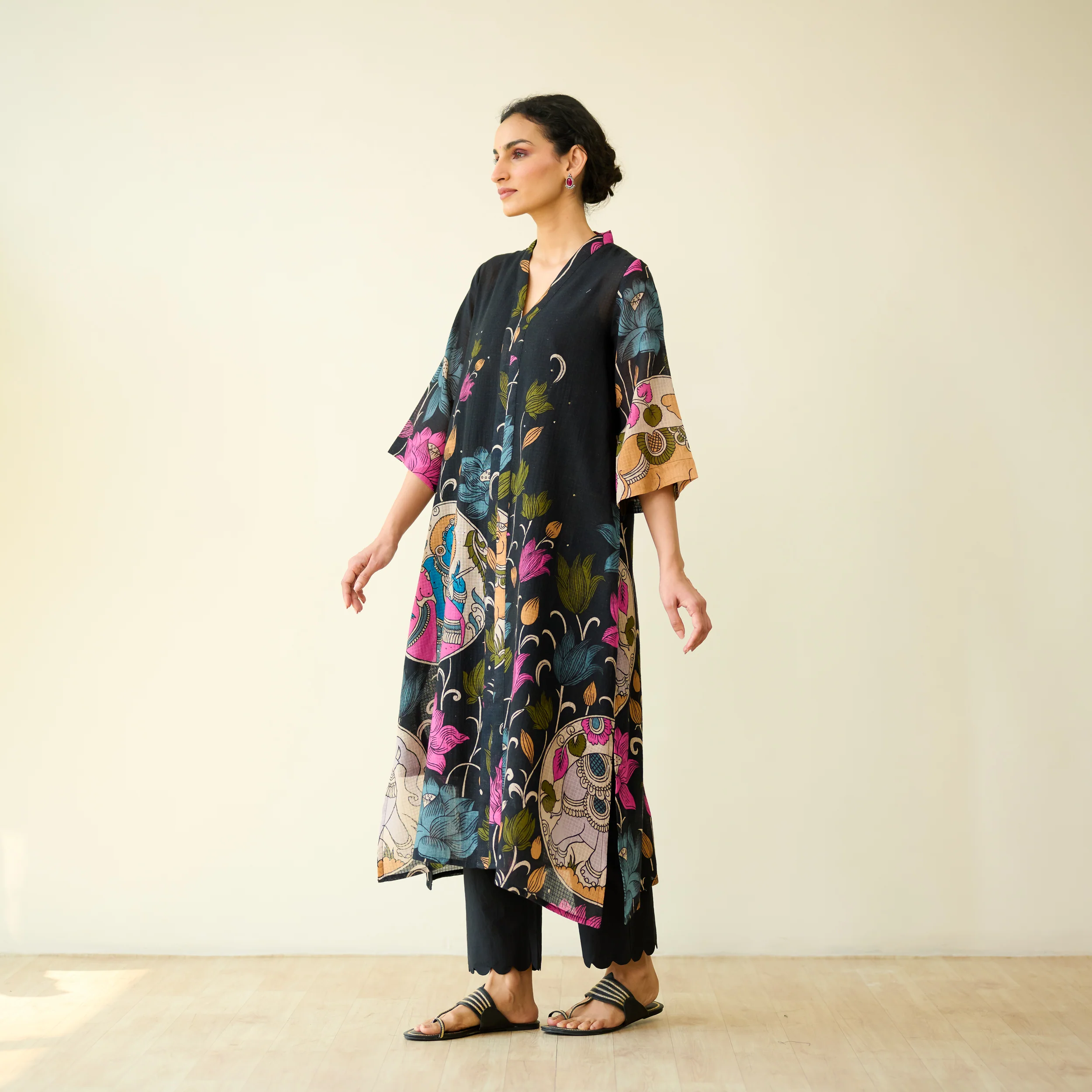 Vrinda Hand Embroidered Kota Doria Cotton Kurta - Black - Image 5