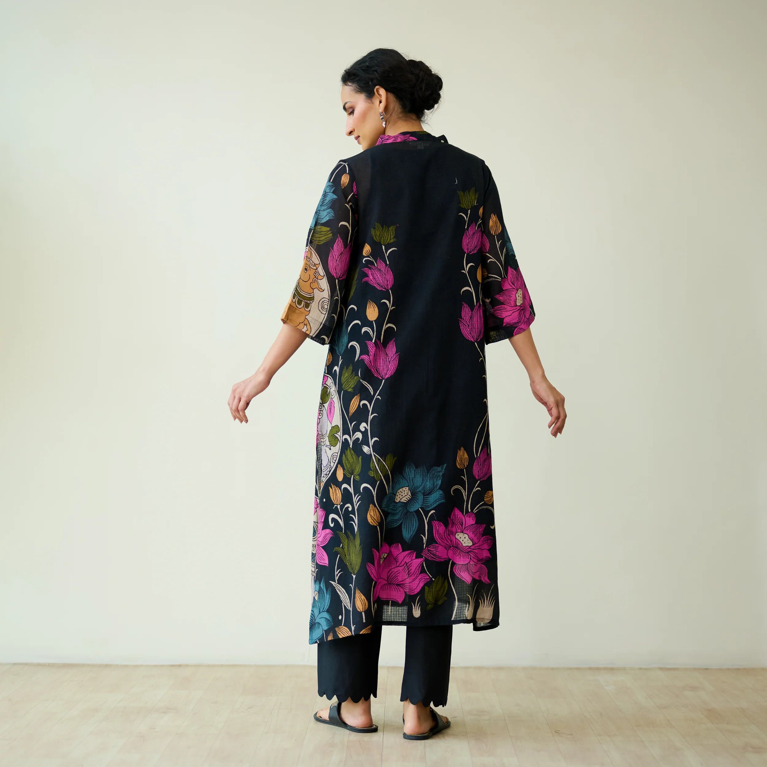 Vrinda Hand Embroidered Kota Doria Cotton Kurta - Black - Image 6
