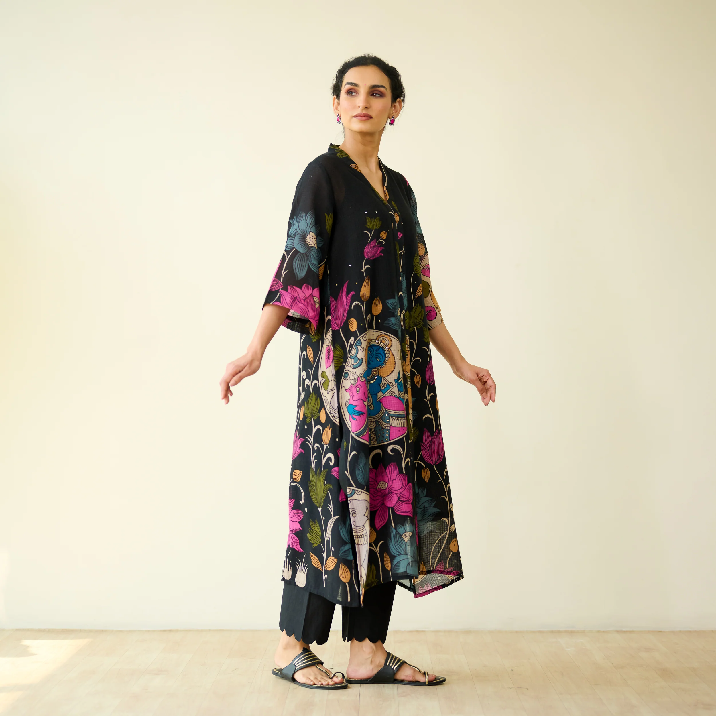 Vrinda Hand Embroidered Kota Doria Cotton Kurta - Black - Image 8