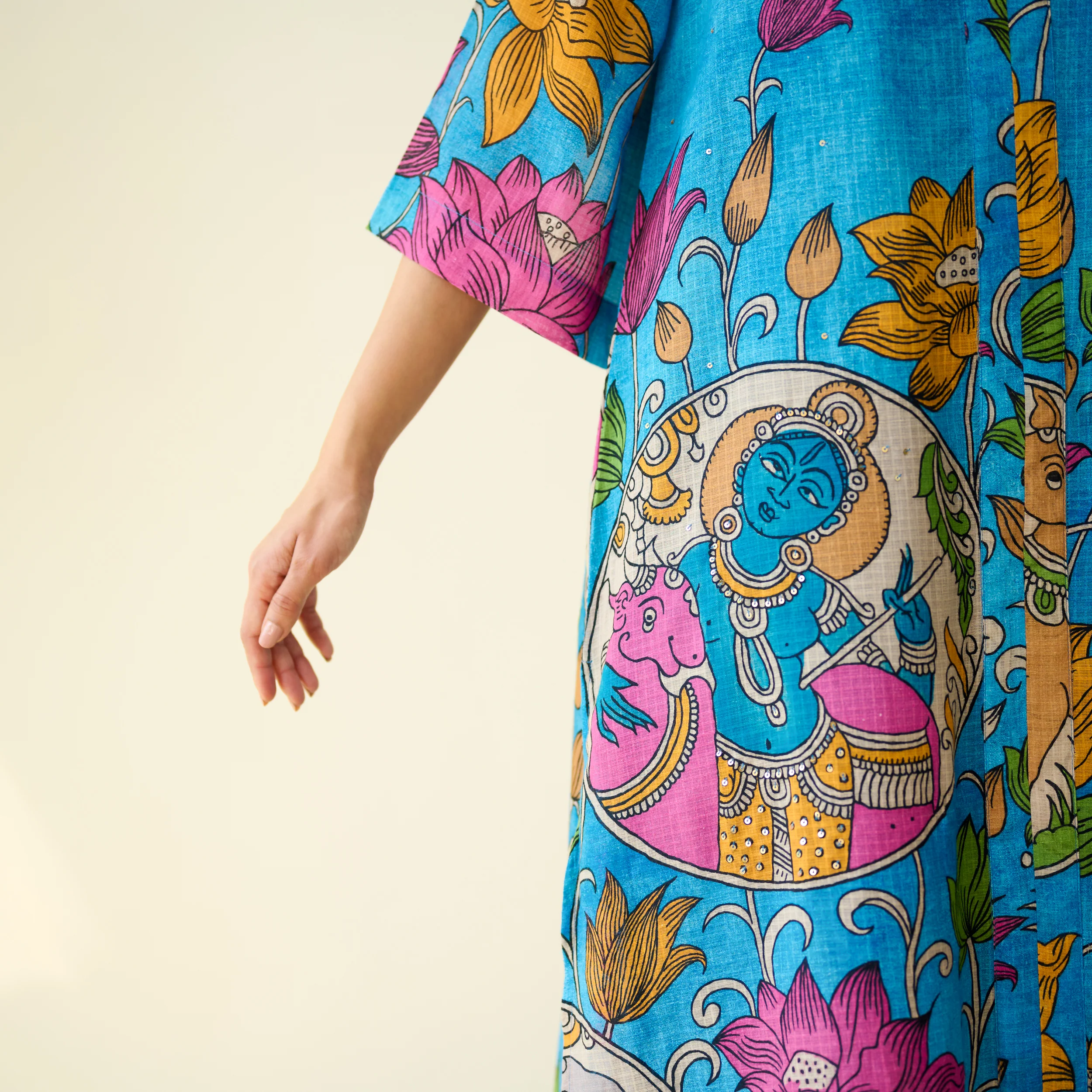 Vrinda Hand Embroidered Kota Doria Cotton Kurta - Electric Blue - Image 4