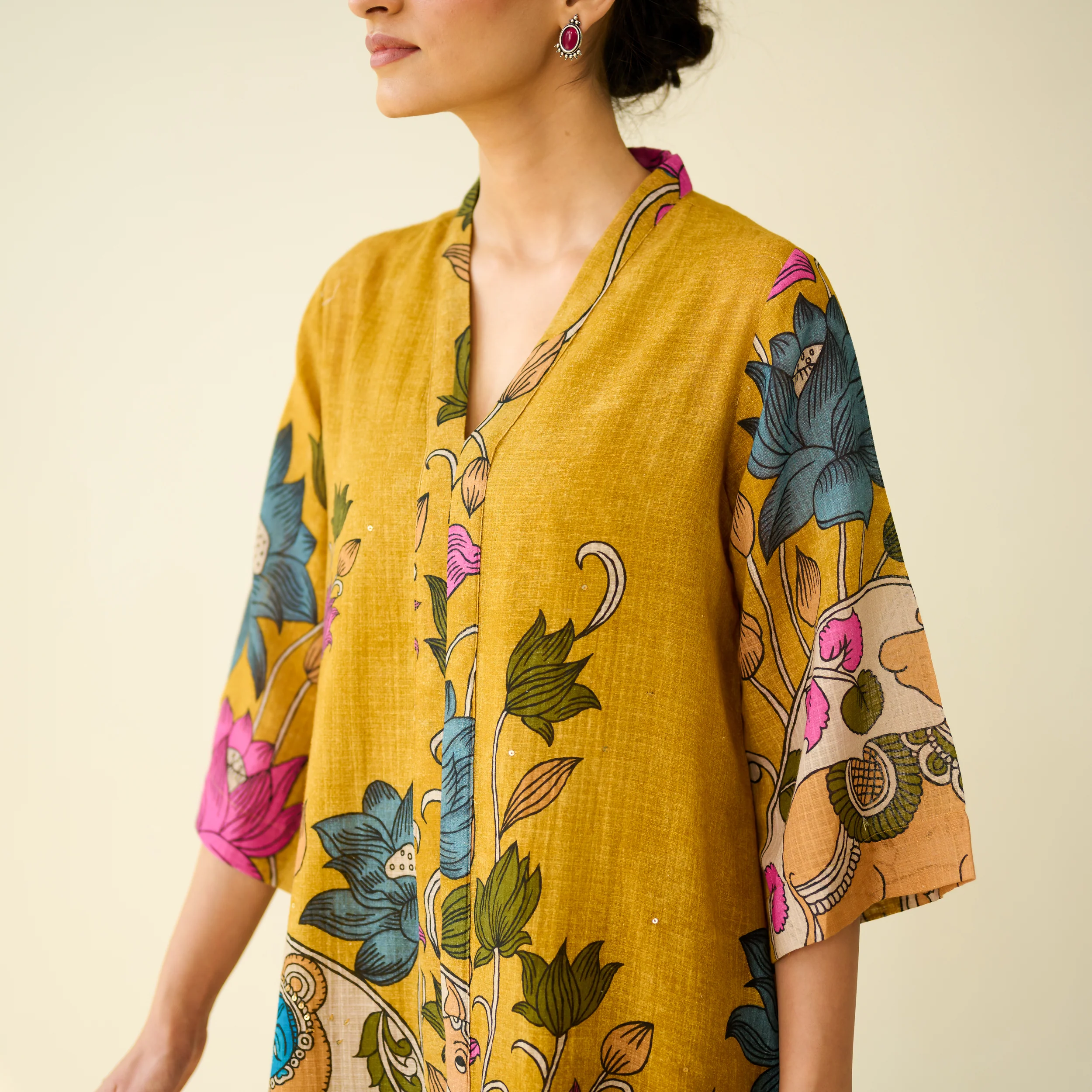 Vrinda Hand Embroidered Kota Doria Cotton Kurta - Mustard - Image 2