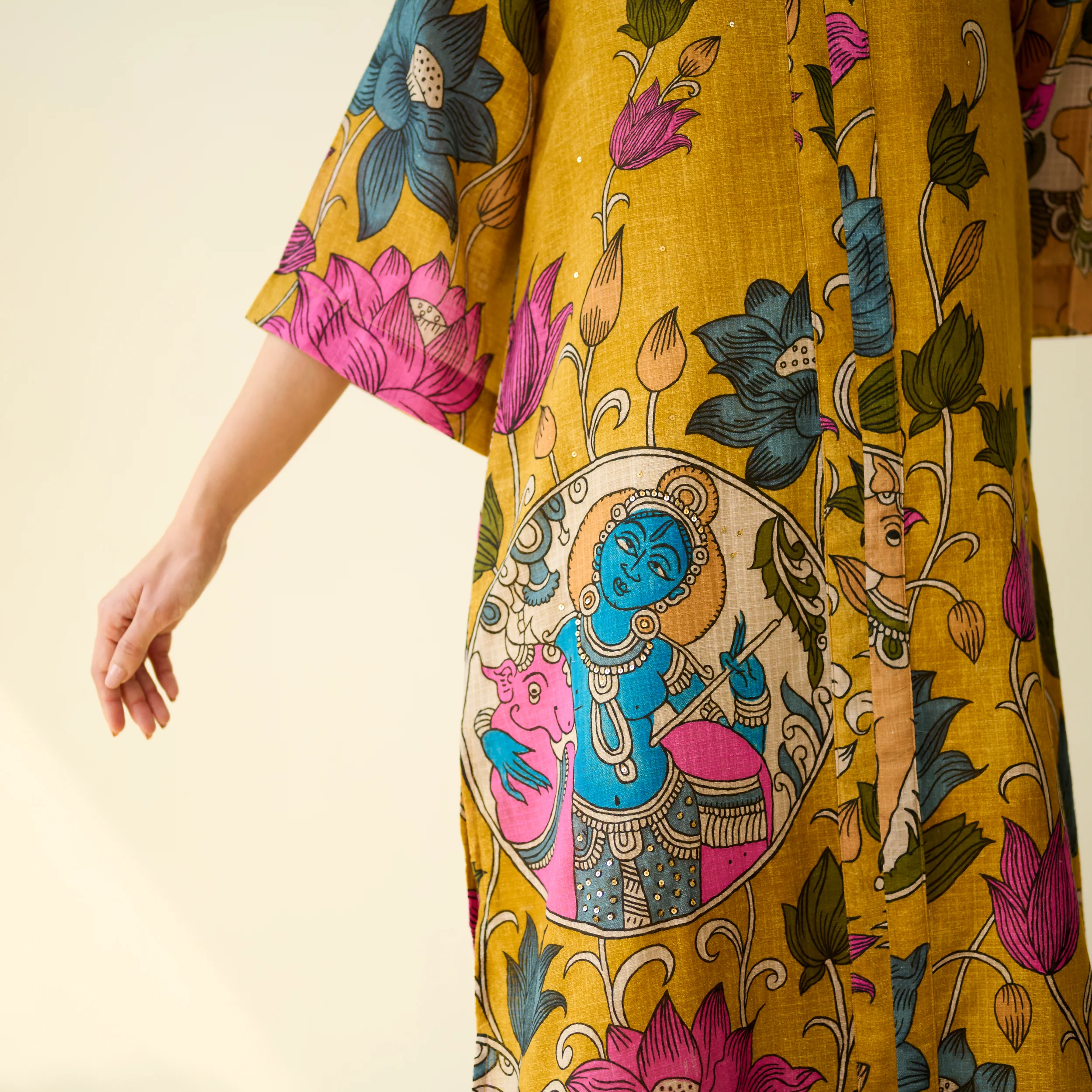 Vrinda Hand Embroidered Kota Doria Cotton Kurta - Mustard - Image 3