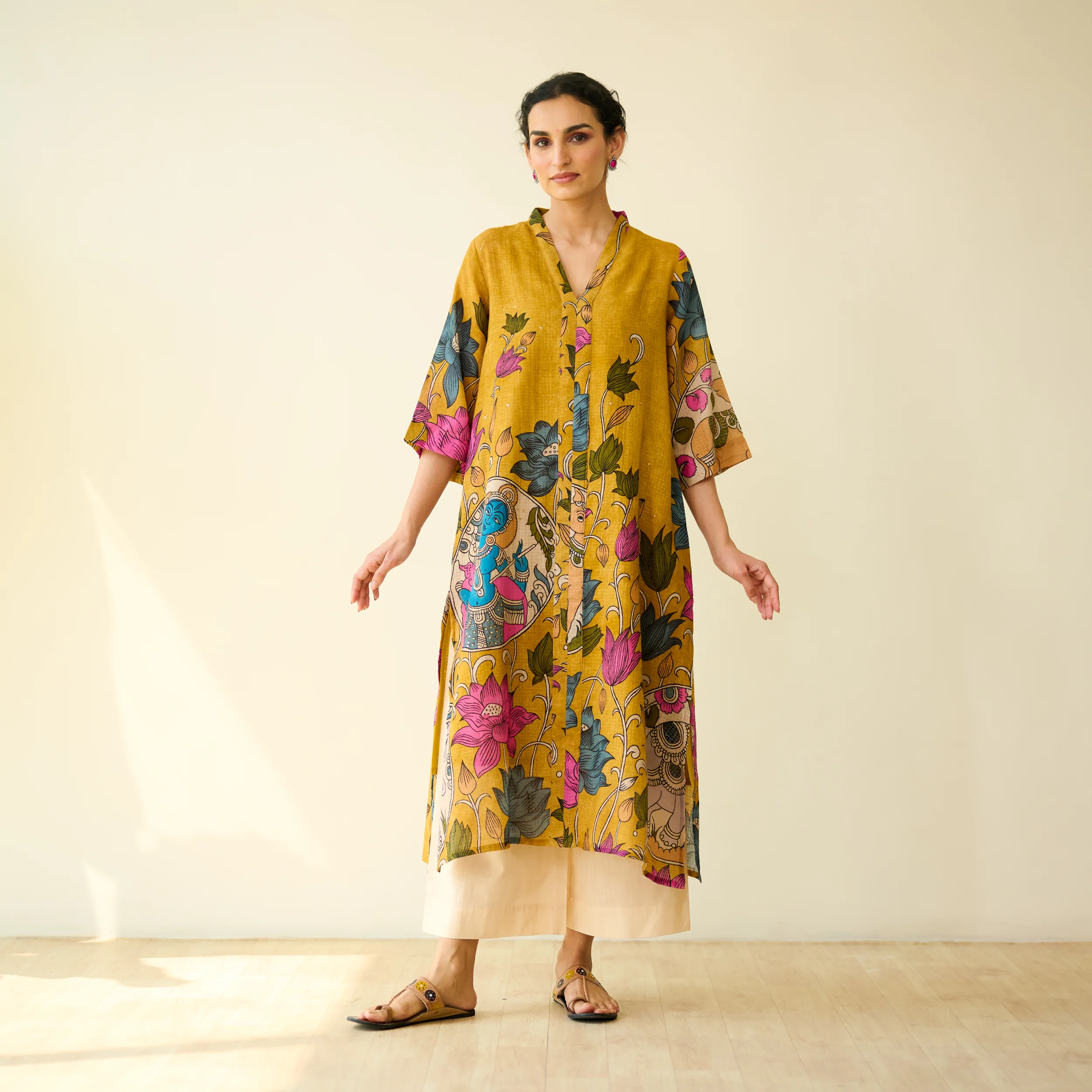 Vrinda Hand Embroidered Kota Doria Cotton Kurta - Mustard - Image 4