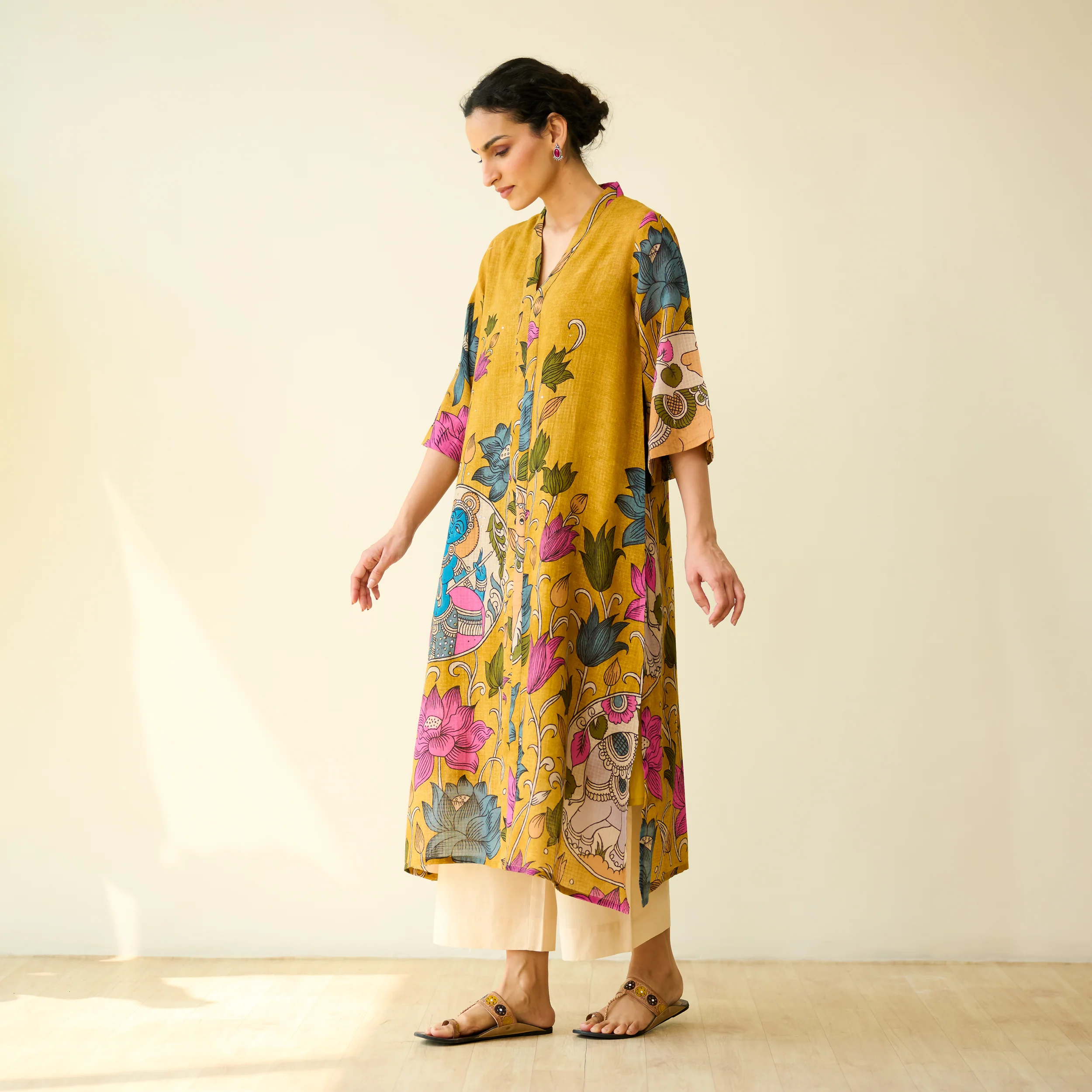 Vrinda Hand Embroidered Kota Doria Cotton Kurta - Mustard - Image 5