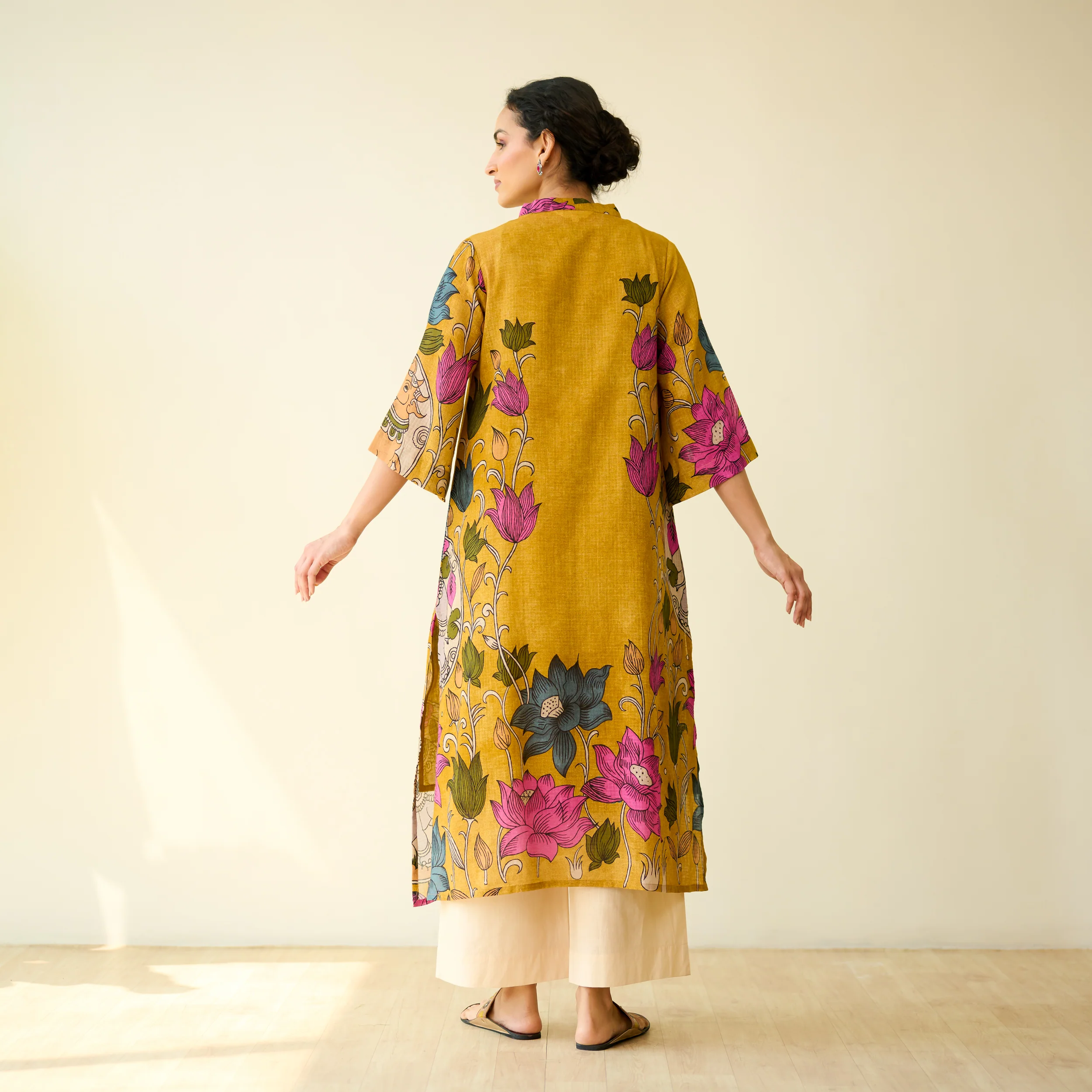 Vrinda Hand Embroidered Kota Doria Cotton Kurta - Mustard - Image 6